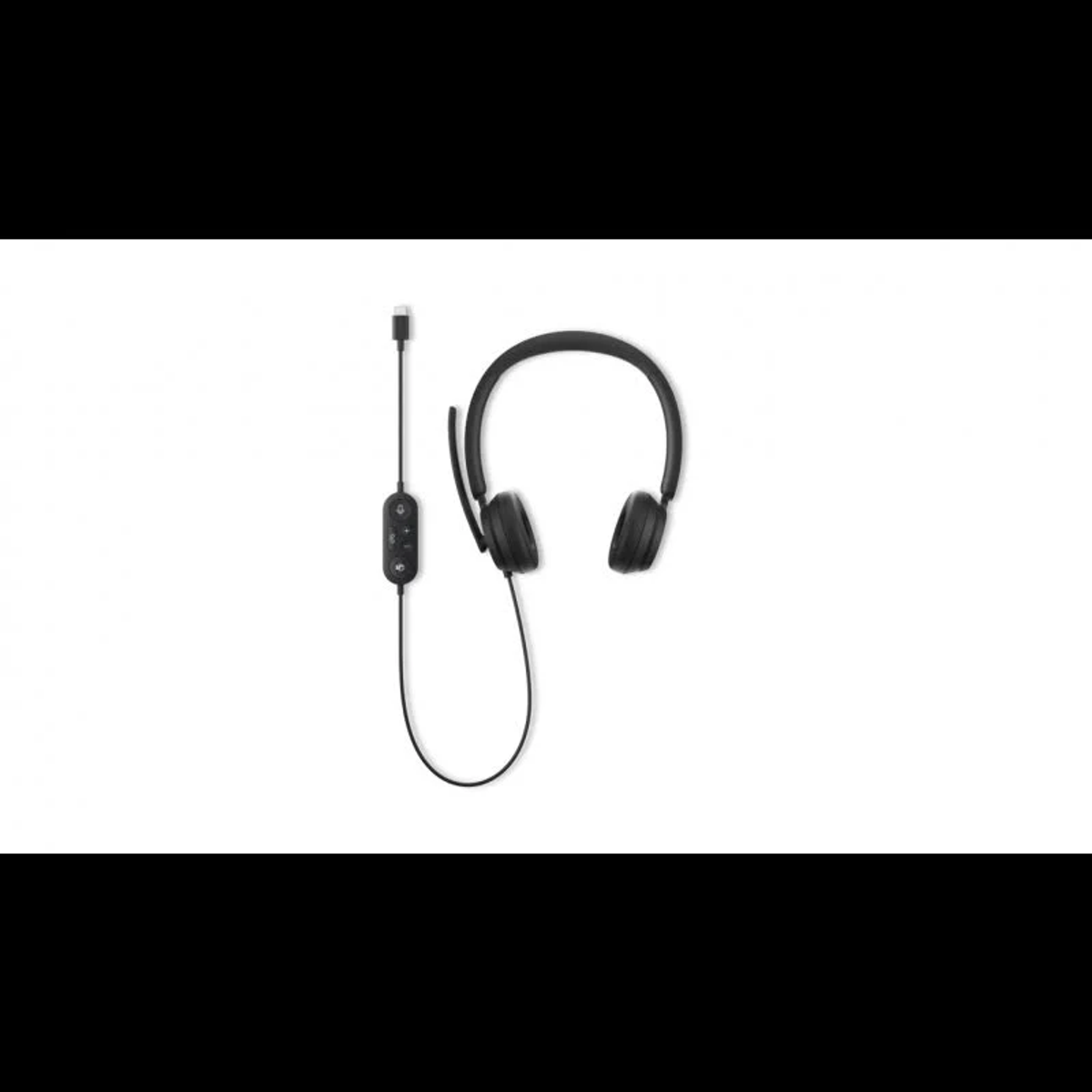 Cuffie nere con modulo di controllo e cavo USB-C su sfondo bianco.