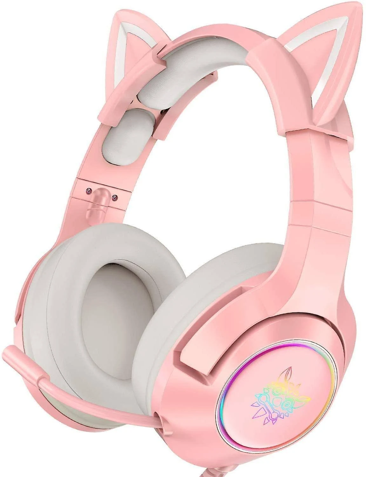 Rosa Gaming-Headset mit Katzenohren und Mikrofon. Es hat ein rosa Kopfband und Ohrmuscheln mit weißer Polsterung.