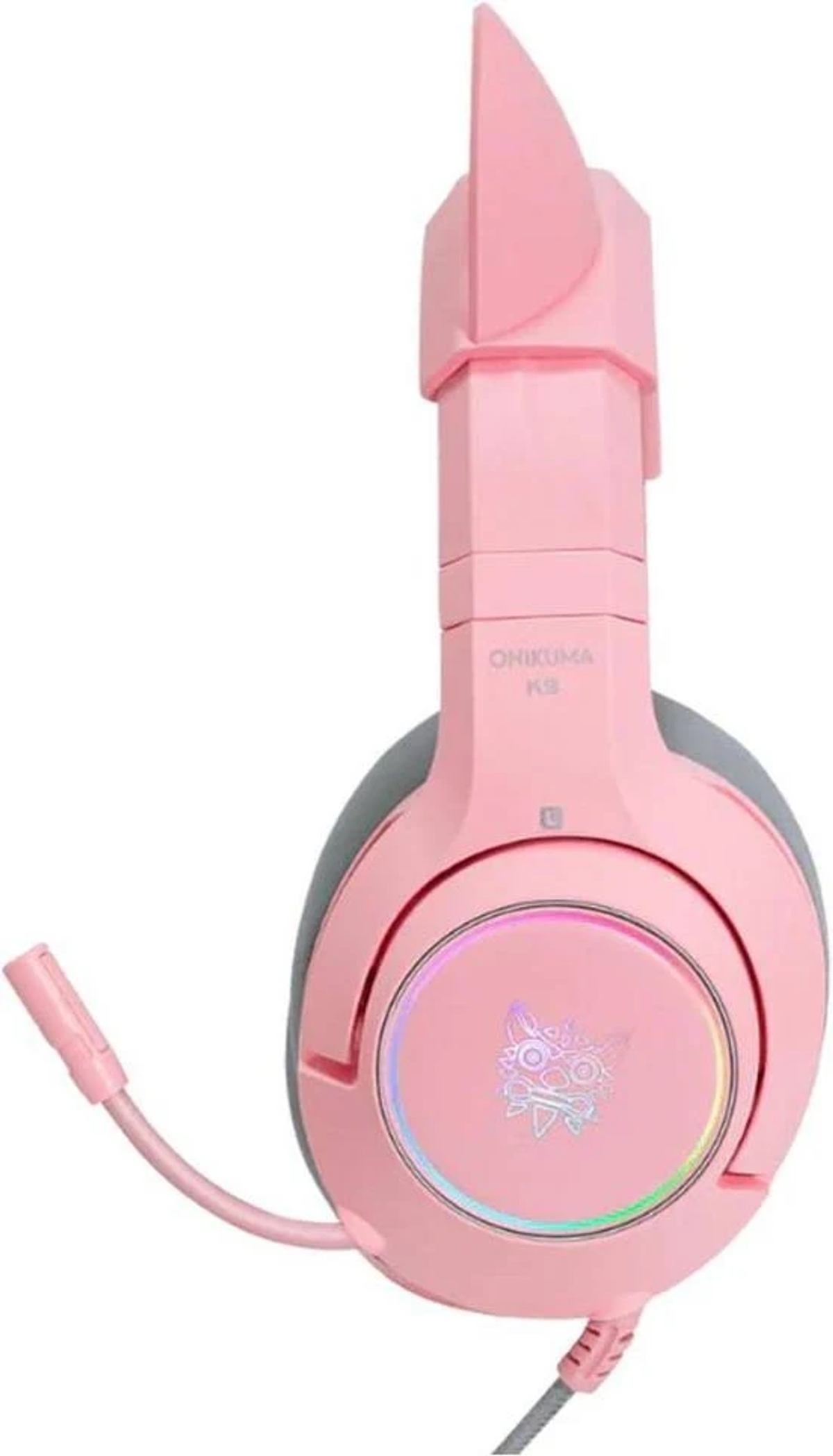 Ein rosa Gaming-Headset mit Mikrofon und ohrförmigem Design.
