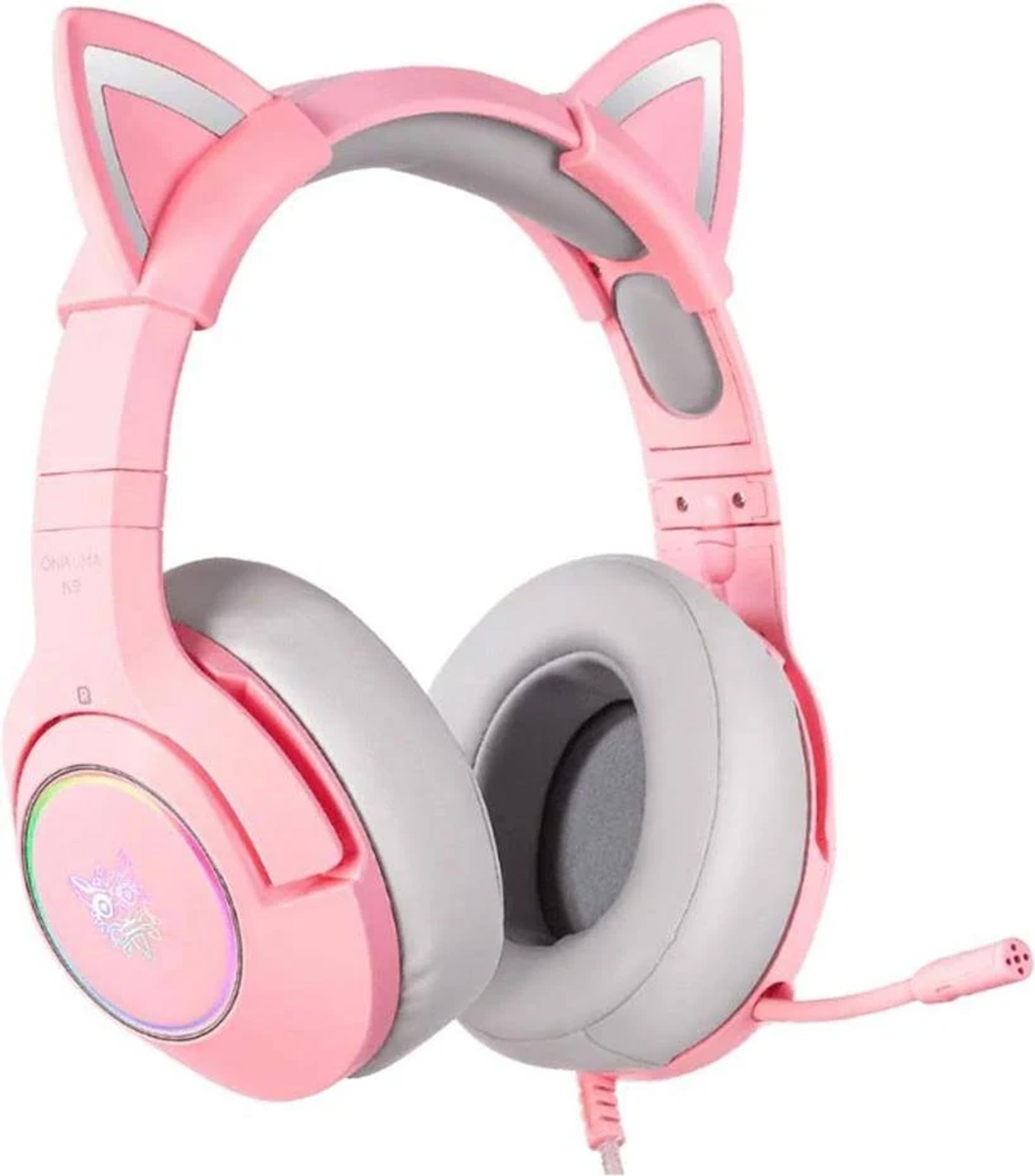 Pinke Katzenohr-Kopfhörer mit Mikrofon. Graue Ohrmuscheln und Bügel. Der Markenname steht seitlich.