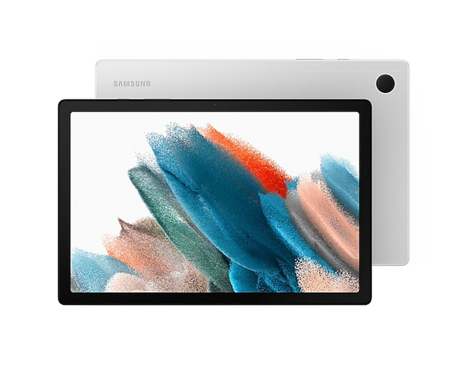 Una tableta con pantalla que muestra un diseño abstracto colorido, con vista trasera.