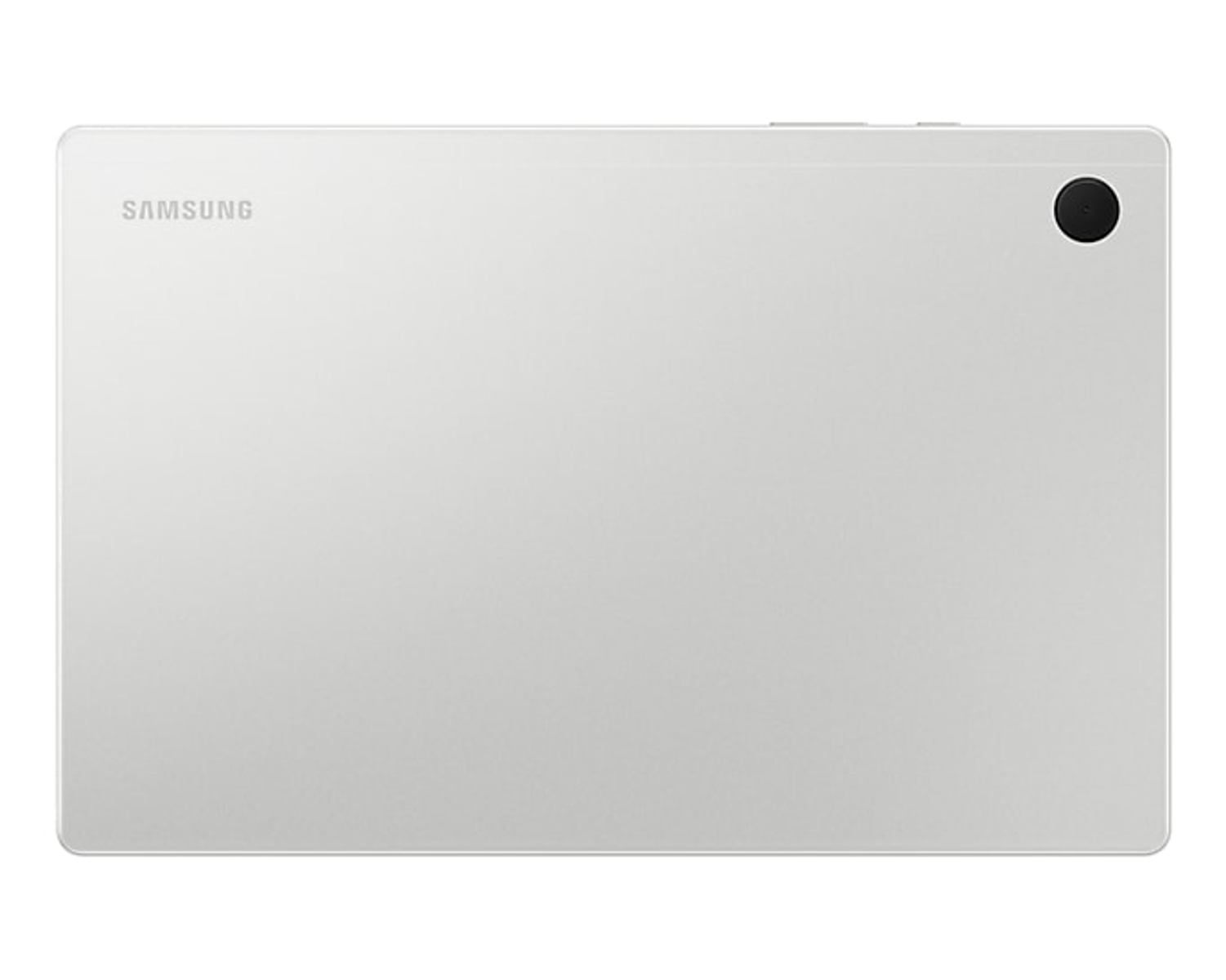 Parte trasera de tableta Samsung blanca, cámara y logo.