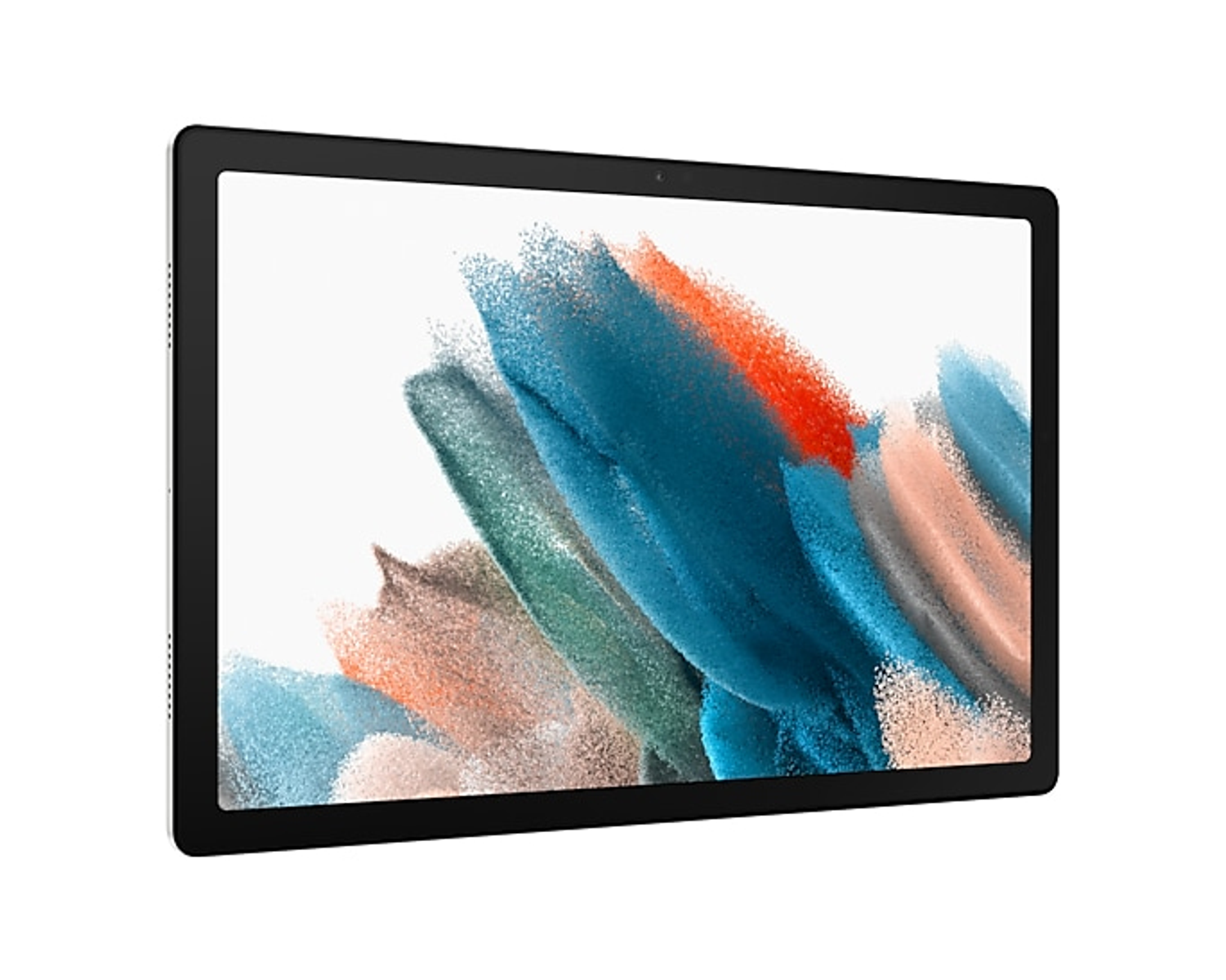 Una tableta con marco negro, que muestra una imagen abstracta colorida, está sobre una superficie blanca.
