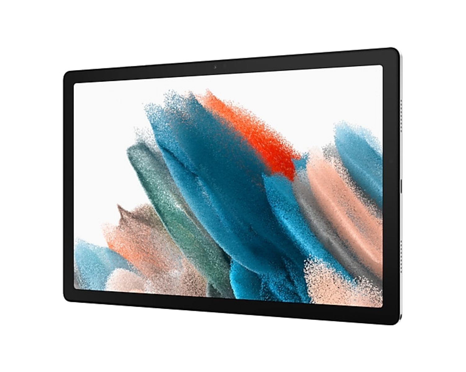 Una tableta con marco negro, mostrando arte abstracto colorido.
