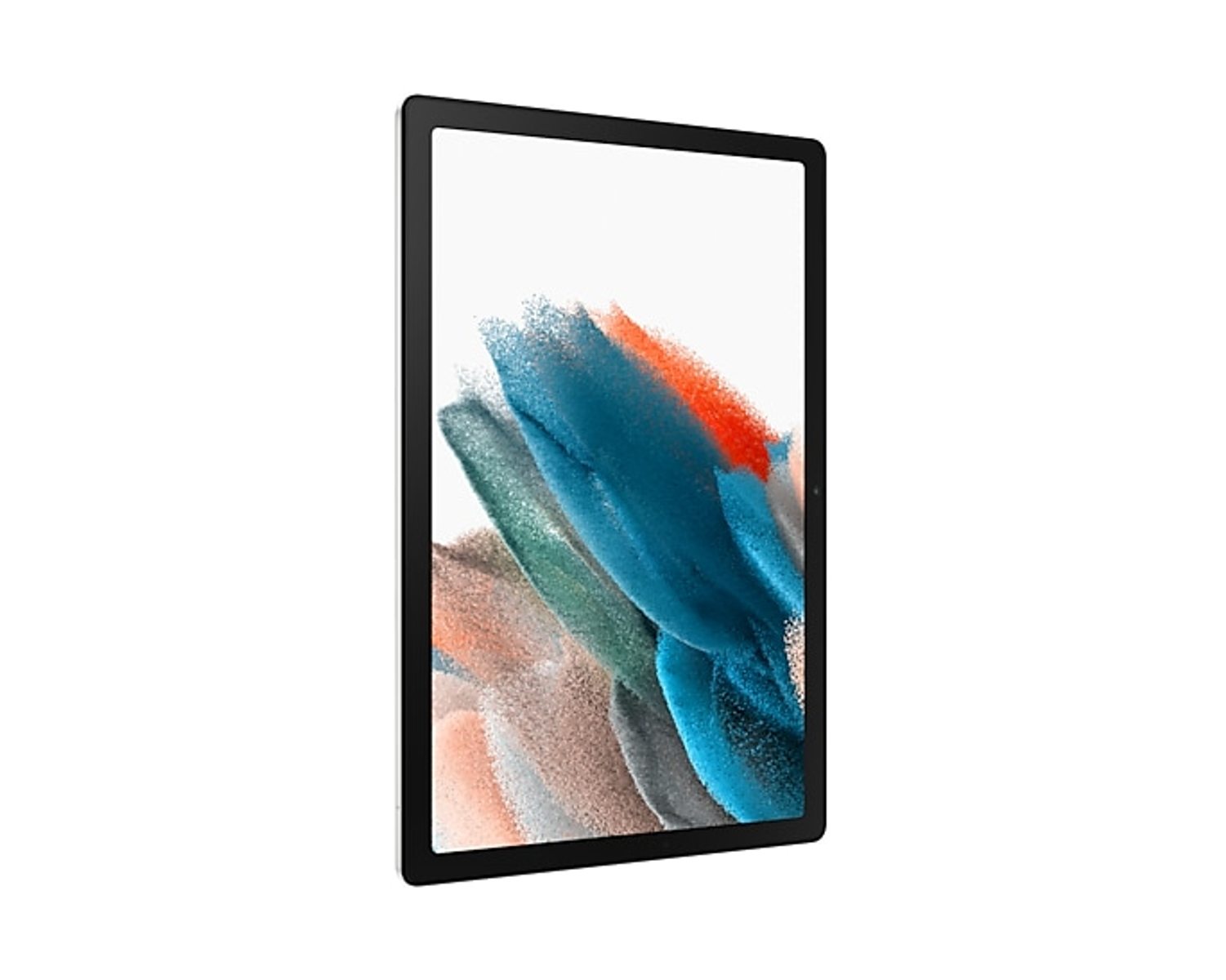 Tableta con marco negro y pantalla blanca con pinceladas coloridas.