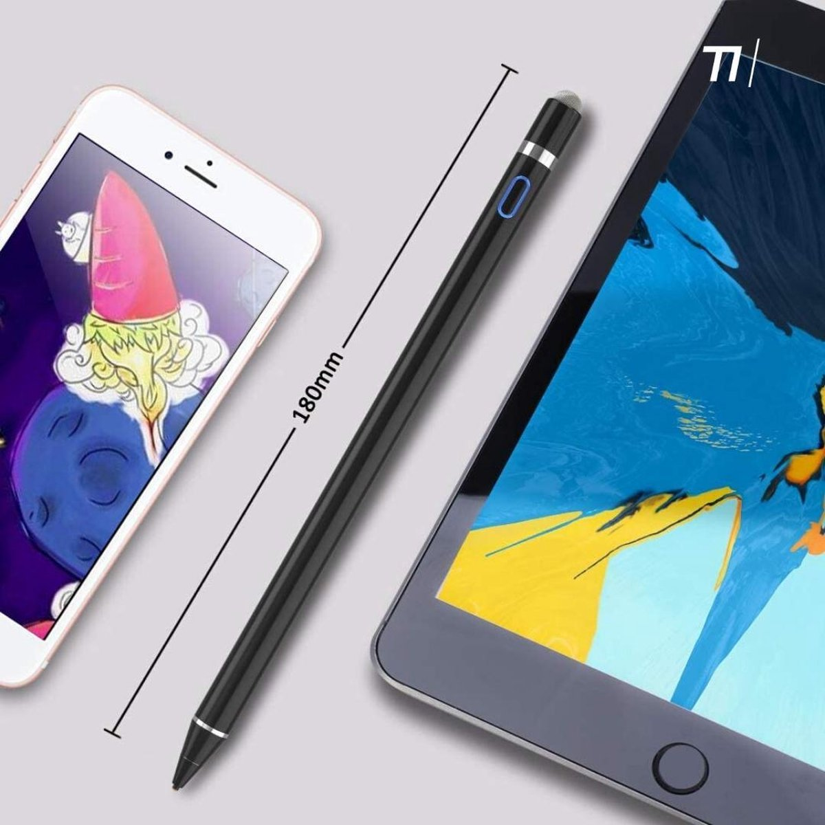 Ein schwarzer Stift und ein Tablet neben einem Telefon. Der Stift ist 180 mm lang.