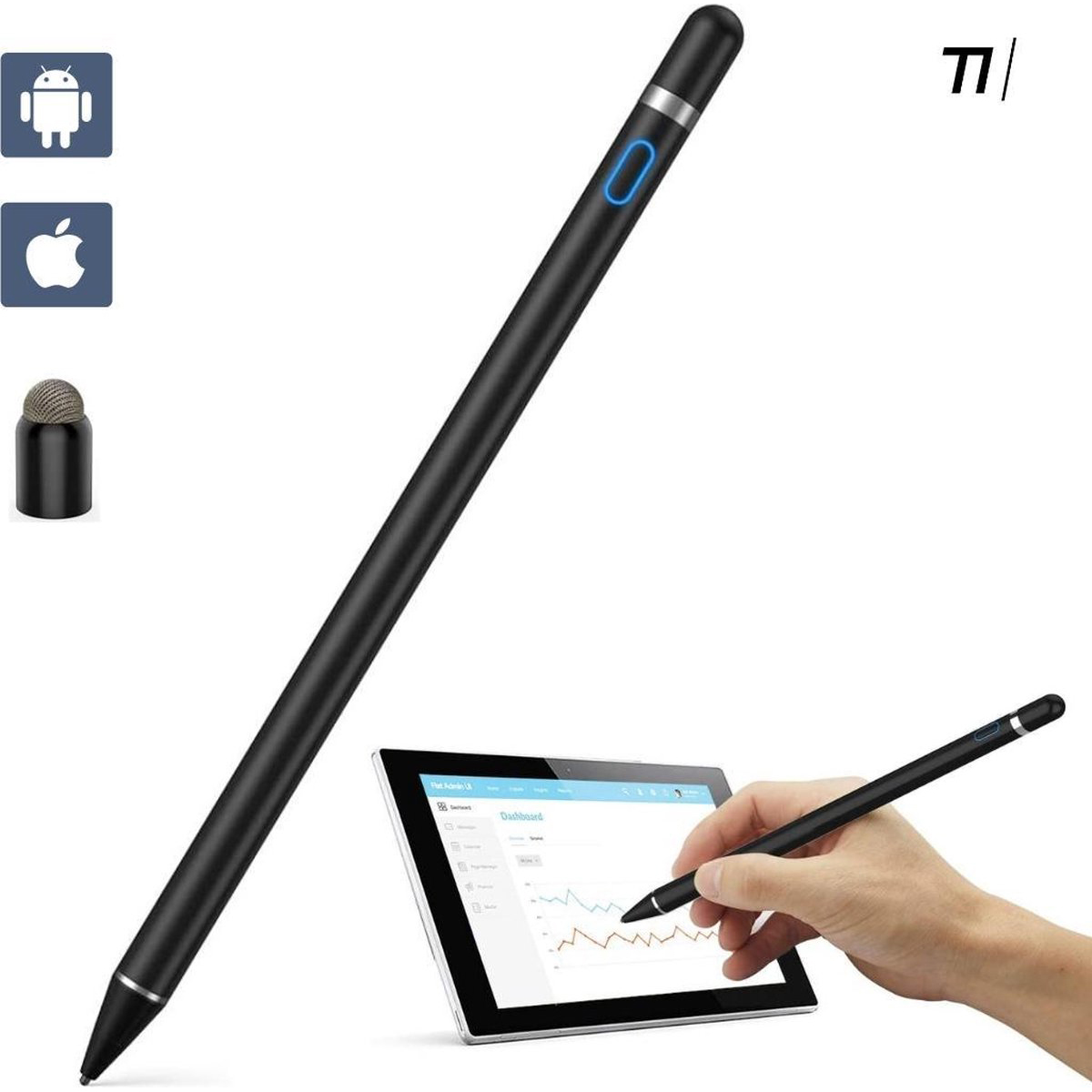 Schwarzer Stift, mit Tablet und einem kleinen Stift befestigt.