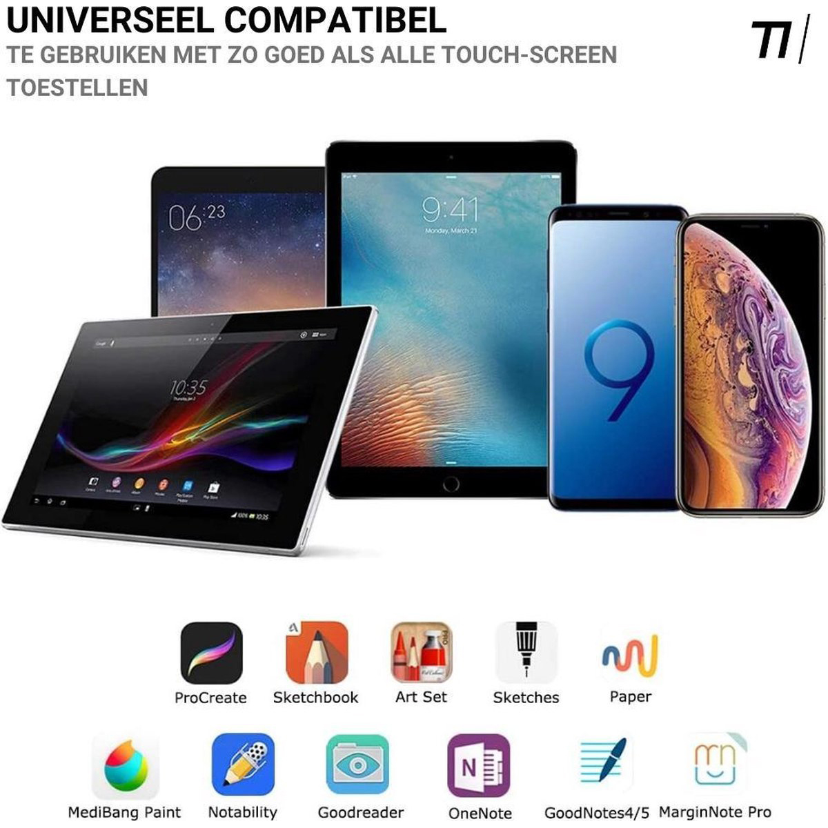Sammlung von Tablets und Telefonen, mit App-Symbolen und Text, auf weißem Hintergrund.