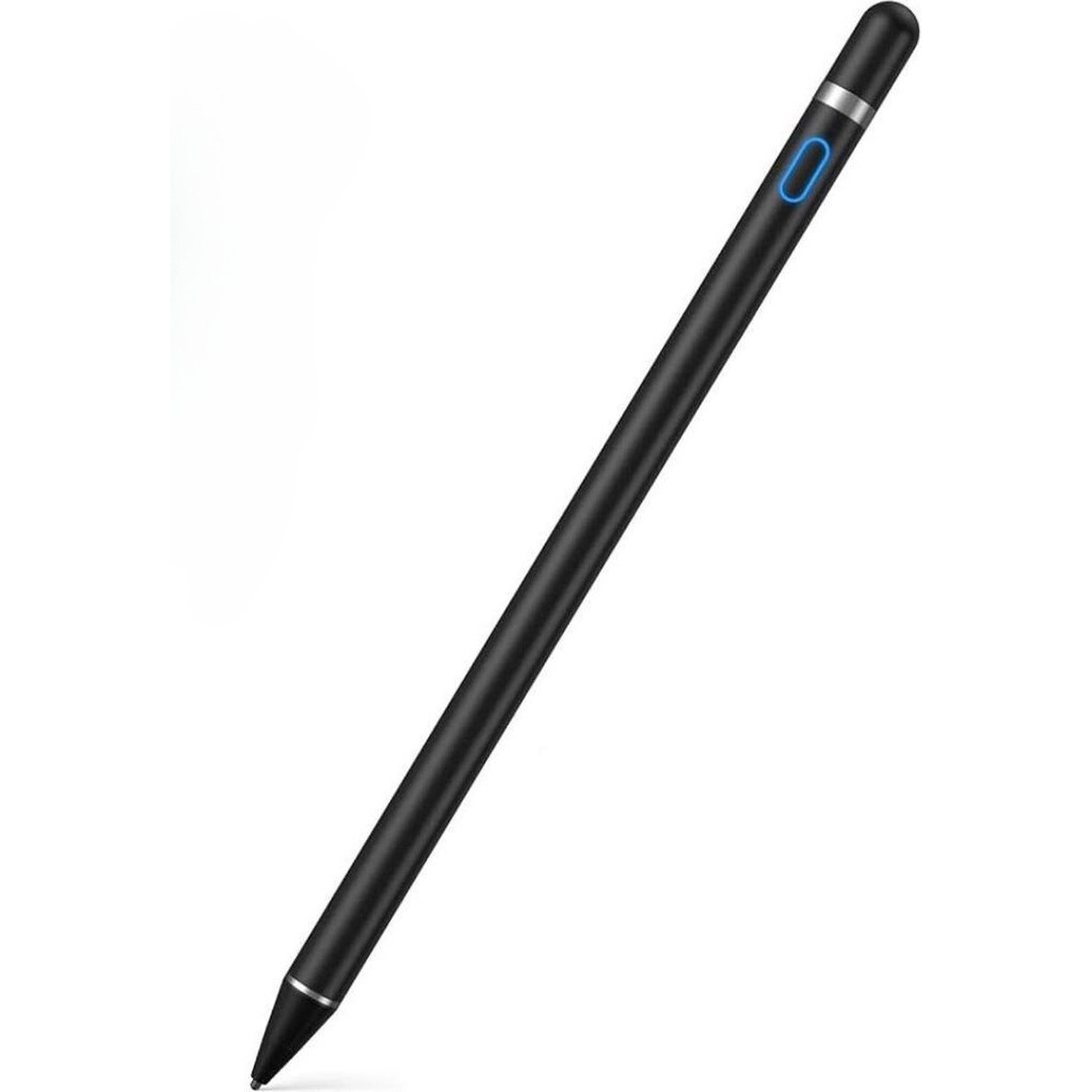 Ein schwarzer Stift mit blauem Knopf und silberner Spitze wird gezeigt.