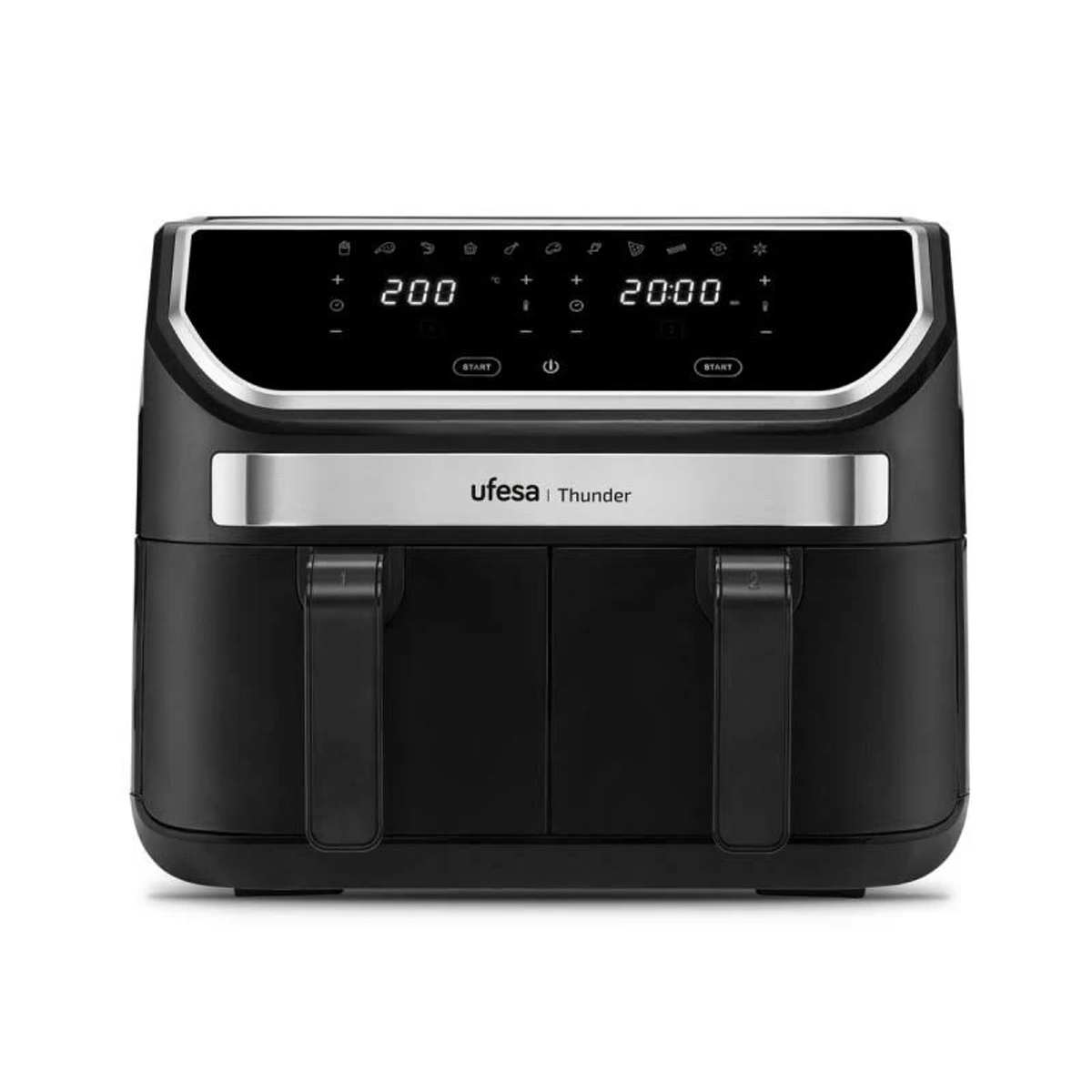 Friggitrice ad aria nera con display digitale e due maniglie. Dettagli argentati e marchio 'ufesa | Thunder'.
