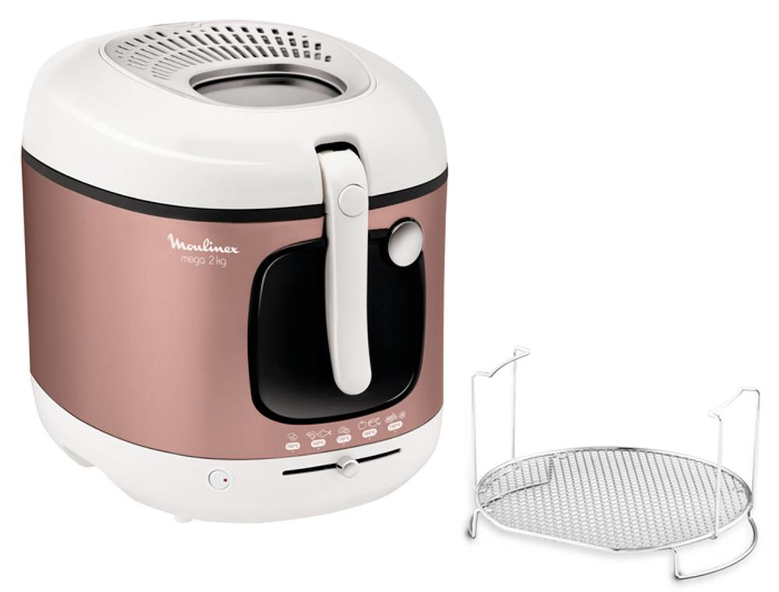 Biała i miedziana frytkownica Moulinex. Obok srebrny metalowy kosz.
