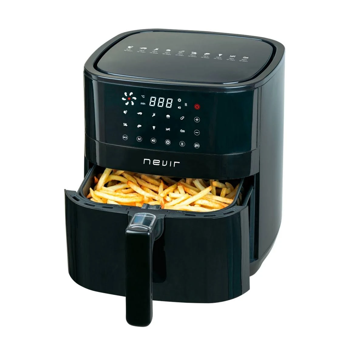 Una friggitrice ad aria nera con un cassetto di patatine fritte. Ha un display digitale.