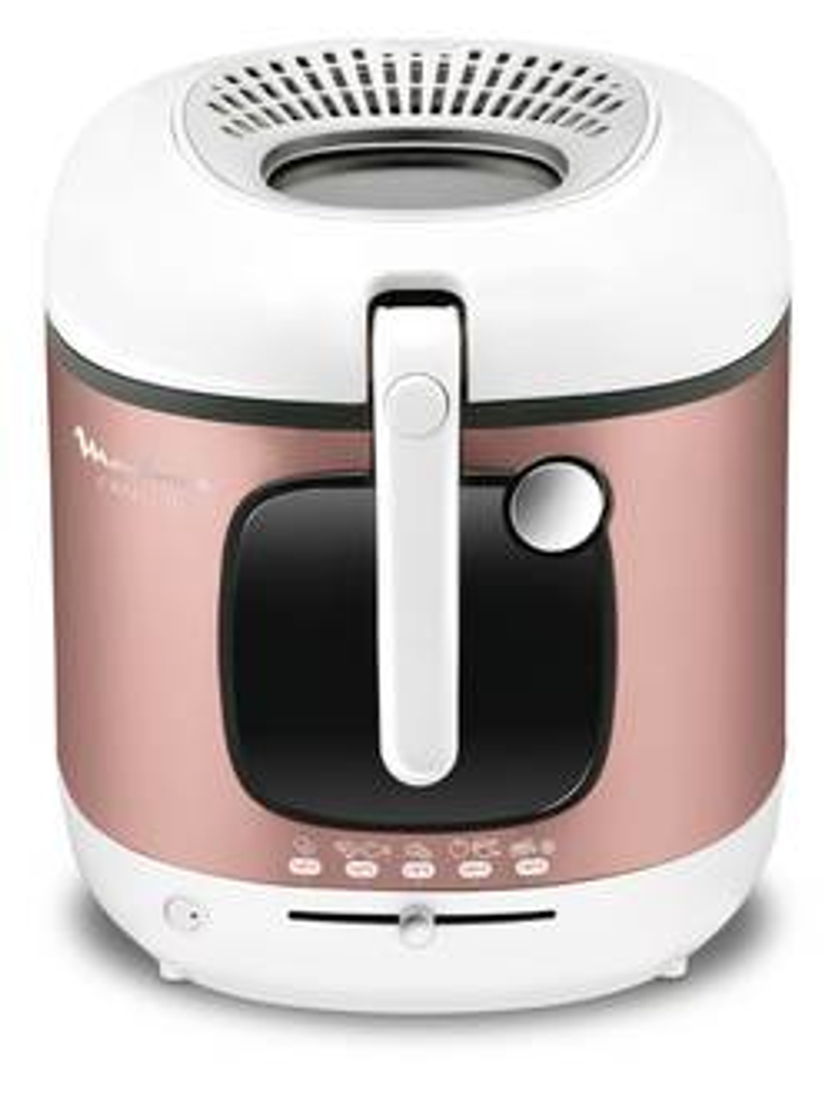 Biała i różowo-złota frytownica. Posiada uchwyt, panel sterowania z przyciskami i pokrywę z odpowietrznikiem.