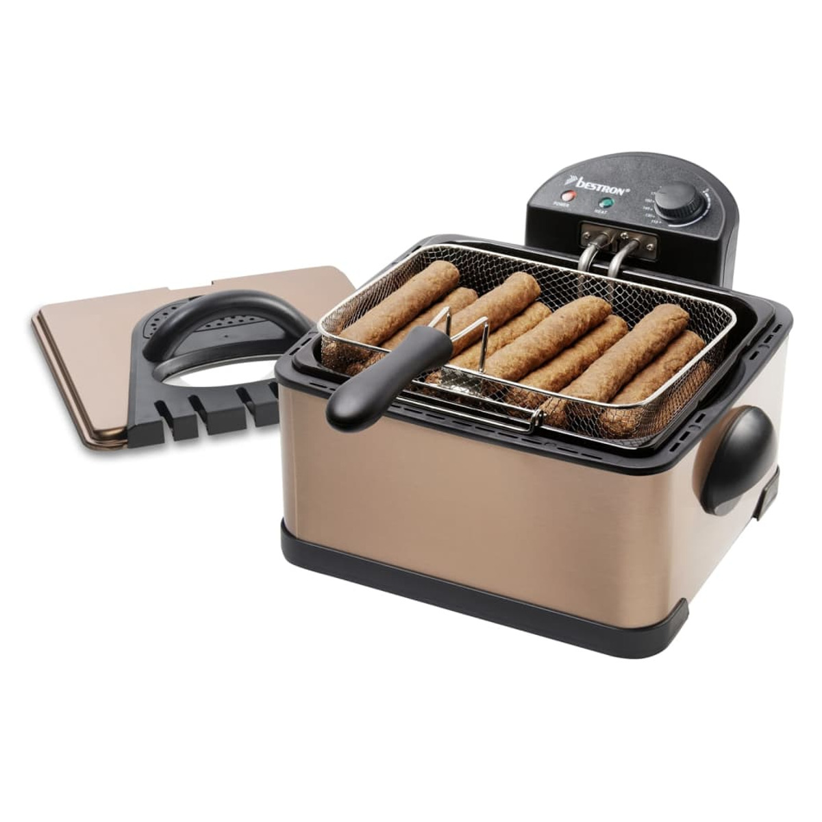 Una friggitrice con cibi simili a salsicce all'interno. La friggitrice è color bronzo.