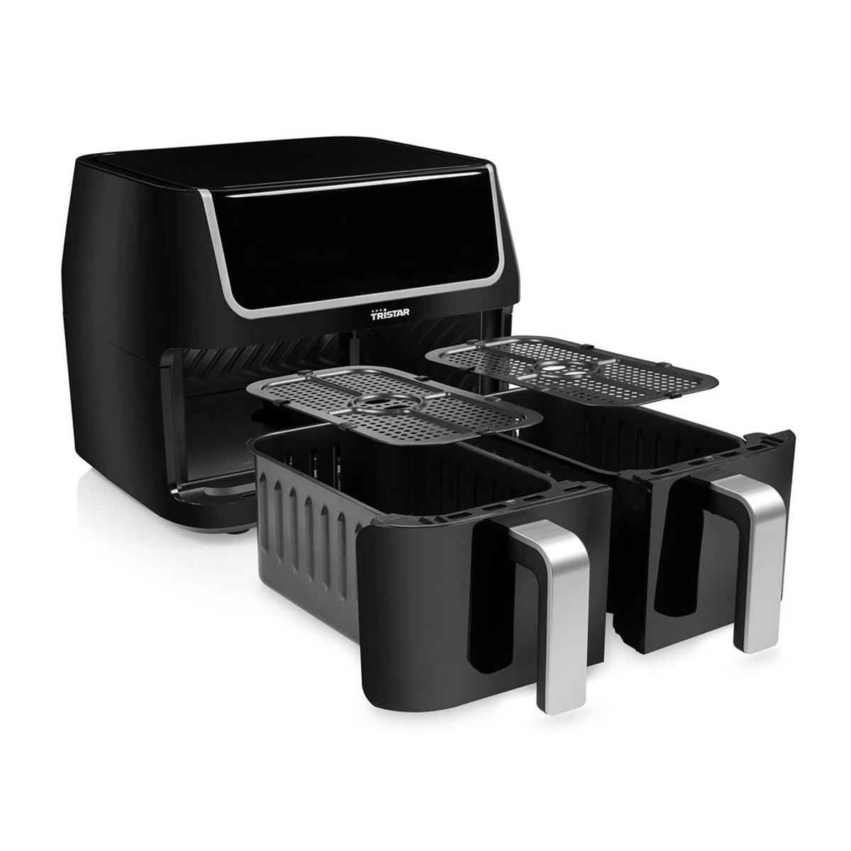 Czarna frytkownica Tristar z dwiema oddzielnymi koszami do gotowania.