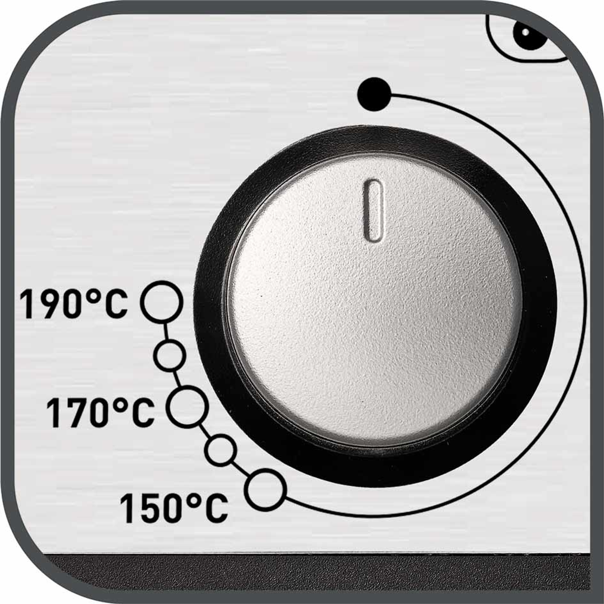 Nahaufnahme eines weißen Drehreglers mit Temperatureinstellungen. Zeigt 150°C, 170°C und 190°C.
