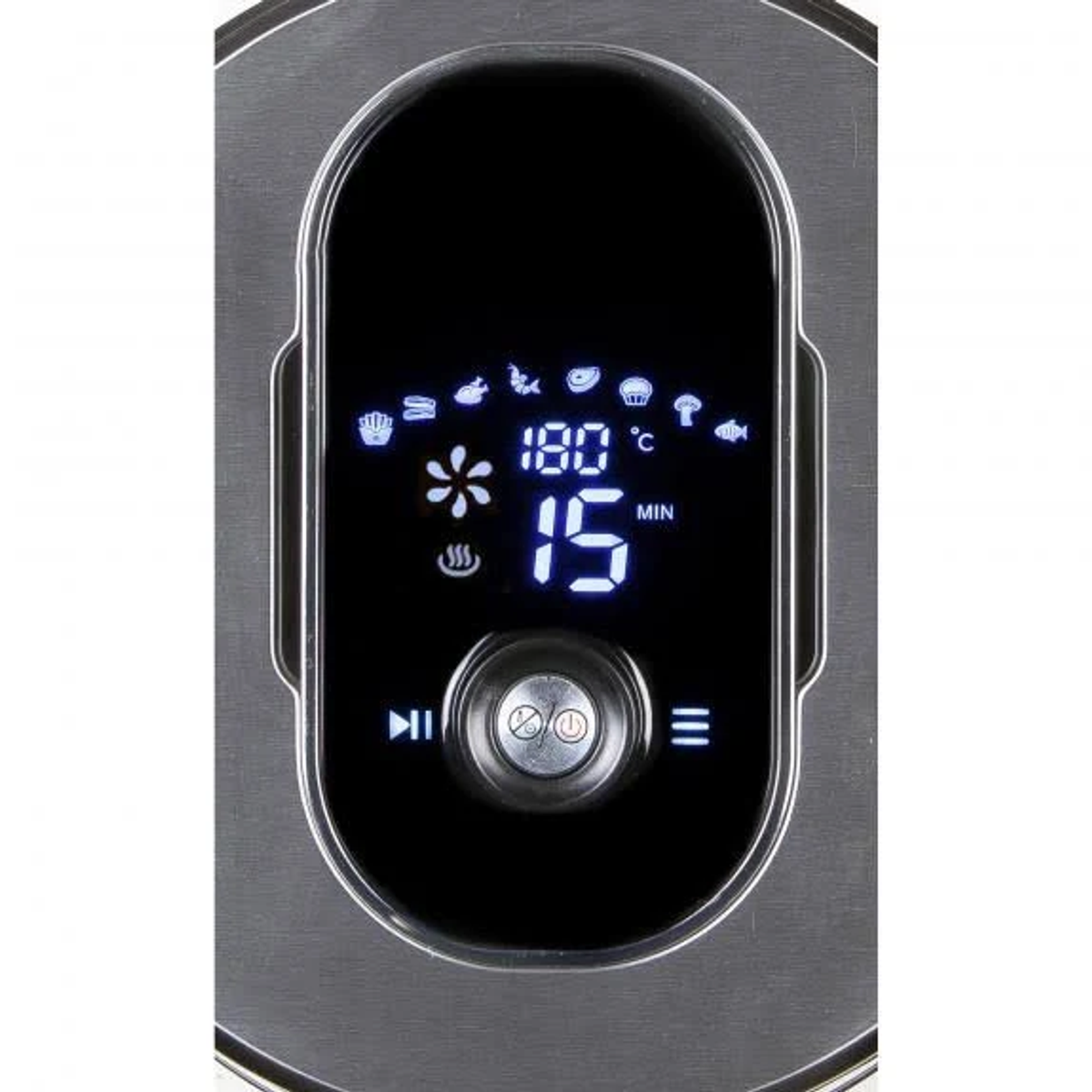 Zbliżenie cyfrowego wyświetlacza na urządzeniu kuchennym, pokazujące ustawienia temperatury i czasu.