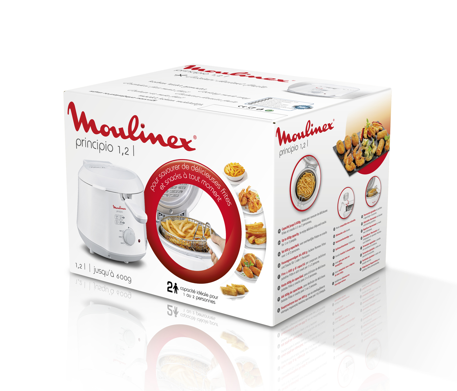 Białe pudełko frytkownicy Moulinex, pokazujące produkt i różne zdjęcia jedzenia.