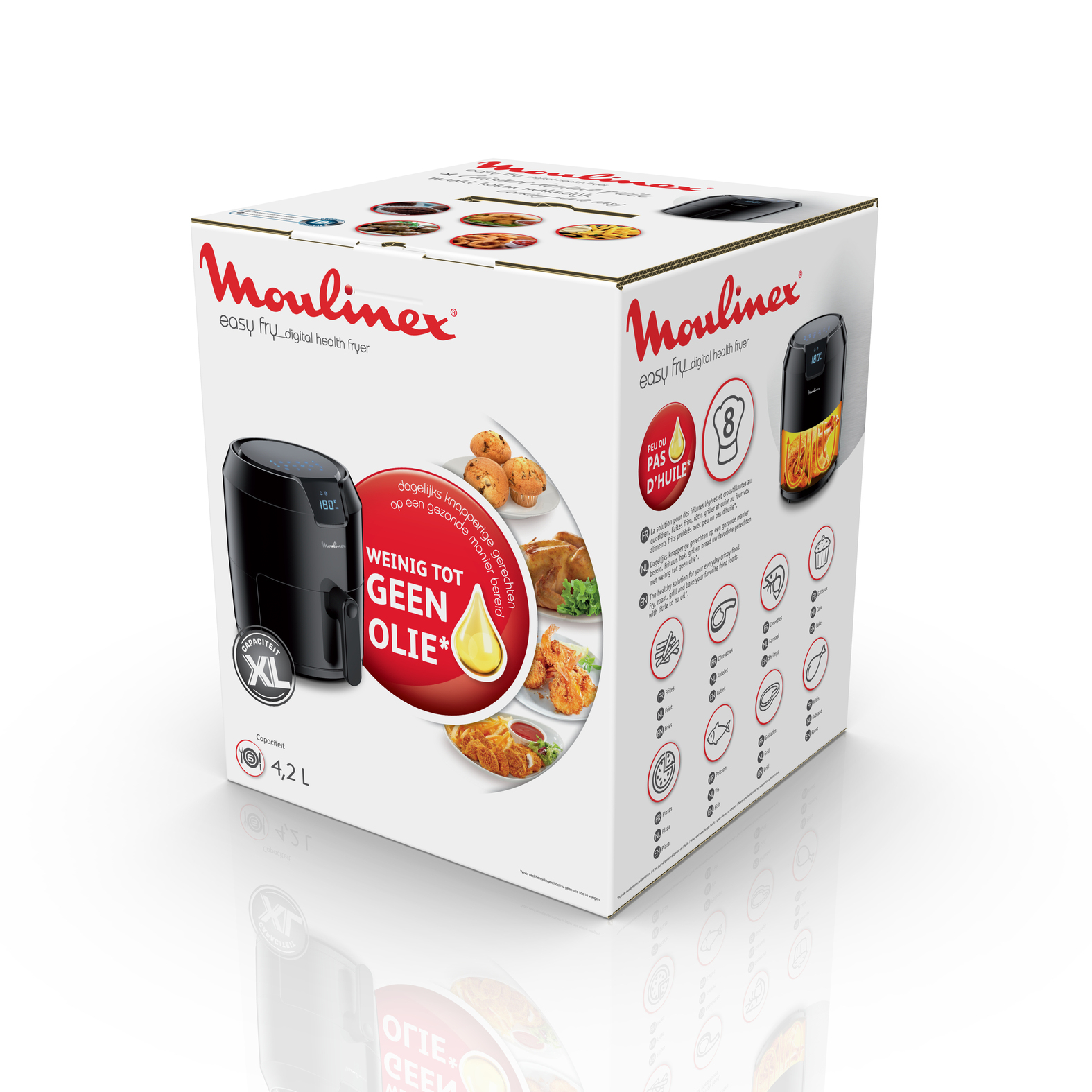 Karton mit Moulinex-Heißluftfritteuse. Enthält Text und Bilder von Lebensmitteln. Der Karton hat eine schwarze Heißluftfritteuse.