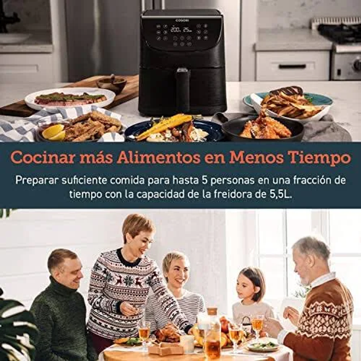 Freidora de aire con comida en la mesa, gente alrededor, texto: Cocine más comida en menos tiempo.