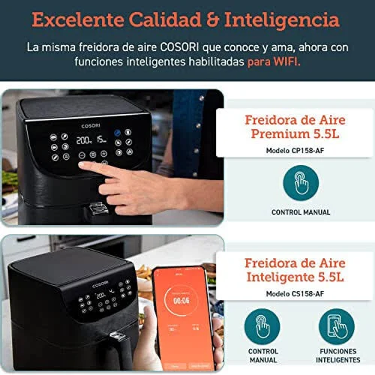 Imagen de freidora de aire, texto e imágenes mostrando características.
