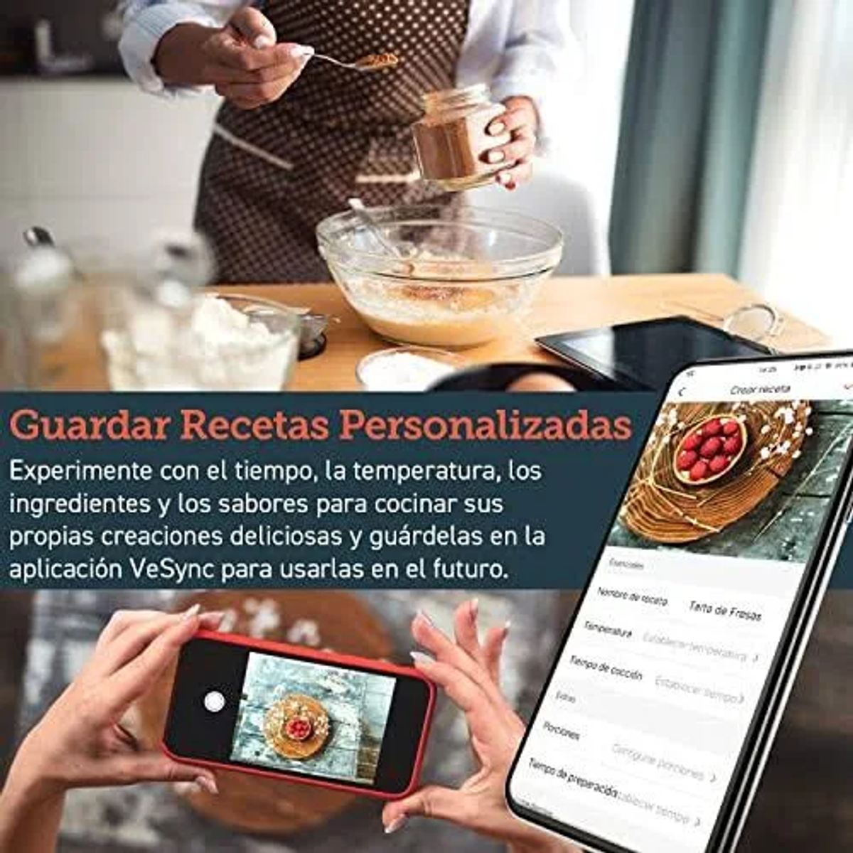 Mujer usando el teléfono para fotografiar comida. La aplicación muestra una receta. Ingredientes y cuencos visibles.