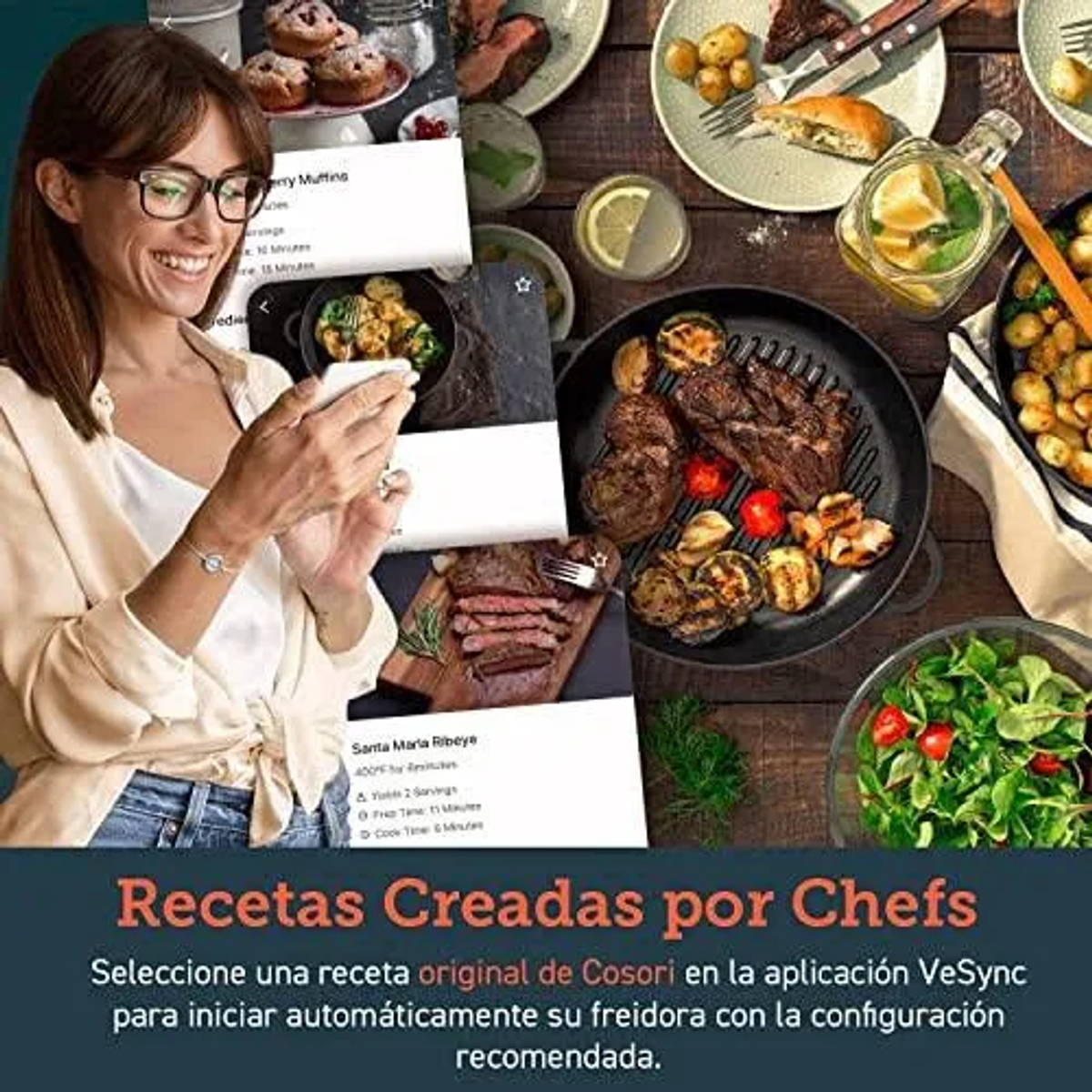 Una mujer usa un teléfono para ver recetas, rodeada de comida preparada en platos y cuencos.