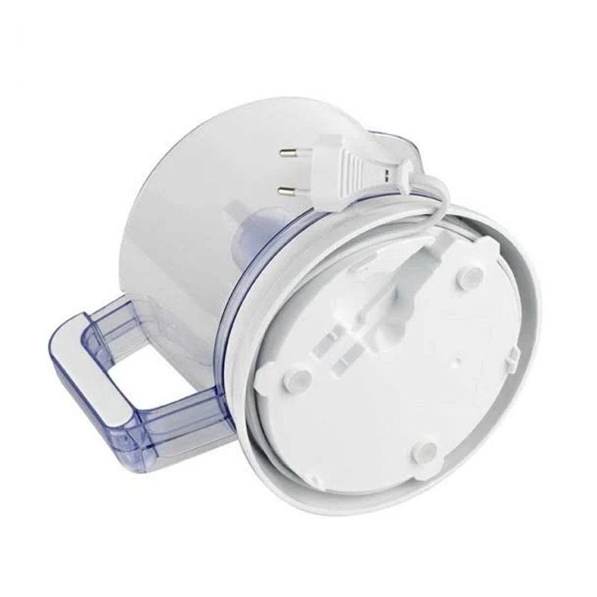 Procesador de alimentos de plástico blanco y transparente con asa y enchufe.