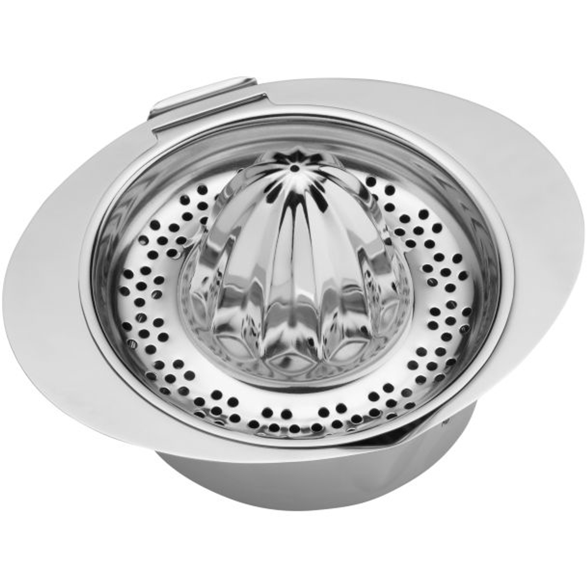 Chromowana wyciskarka do cytrusów z centralnym stożkiem, otoczona perforowaną miską.