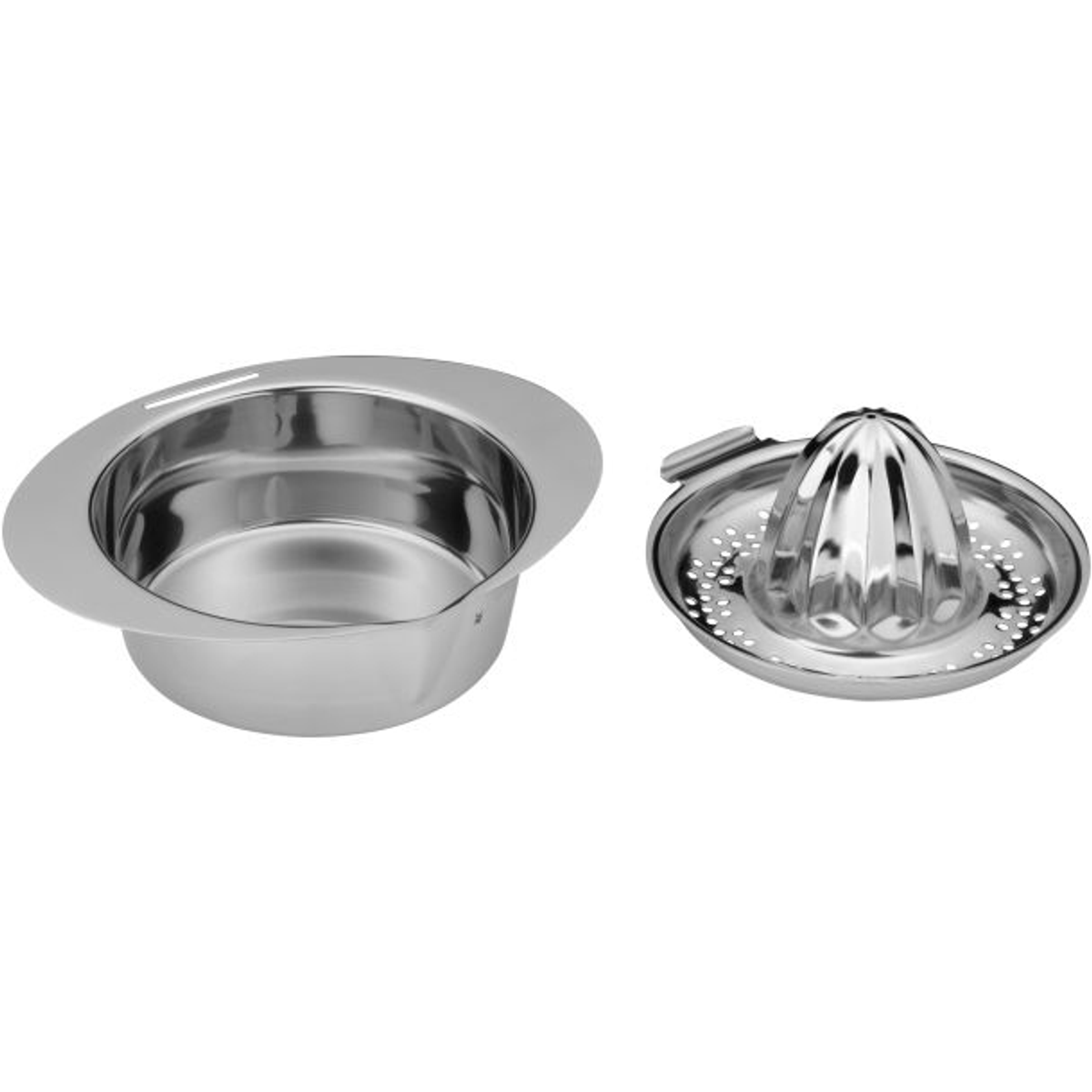 Sitko do zlewu ze stali nierdzewnej z pasującą wyciskarką do soku po prawej stronie.