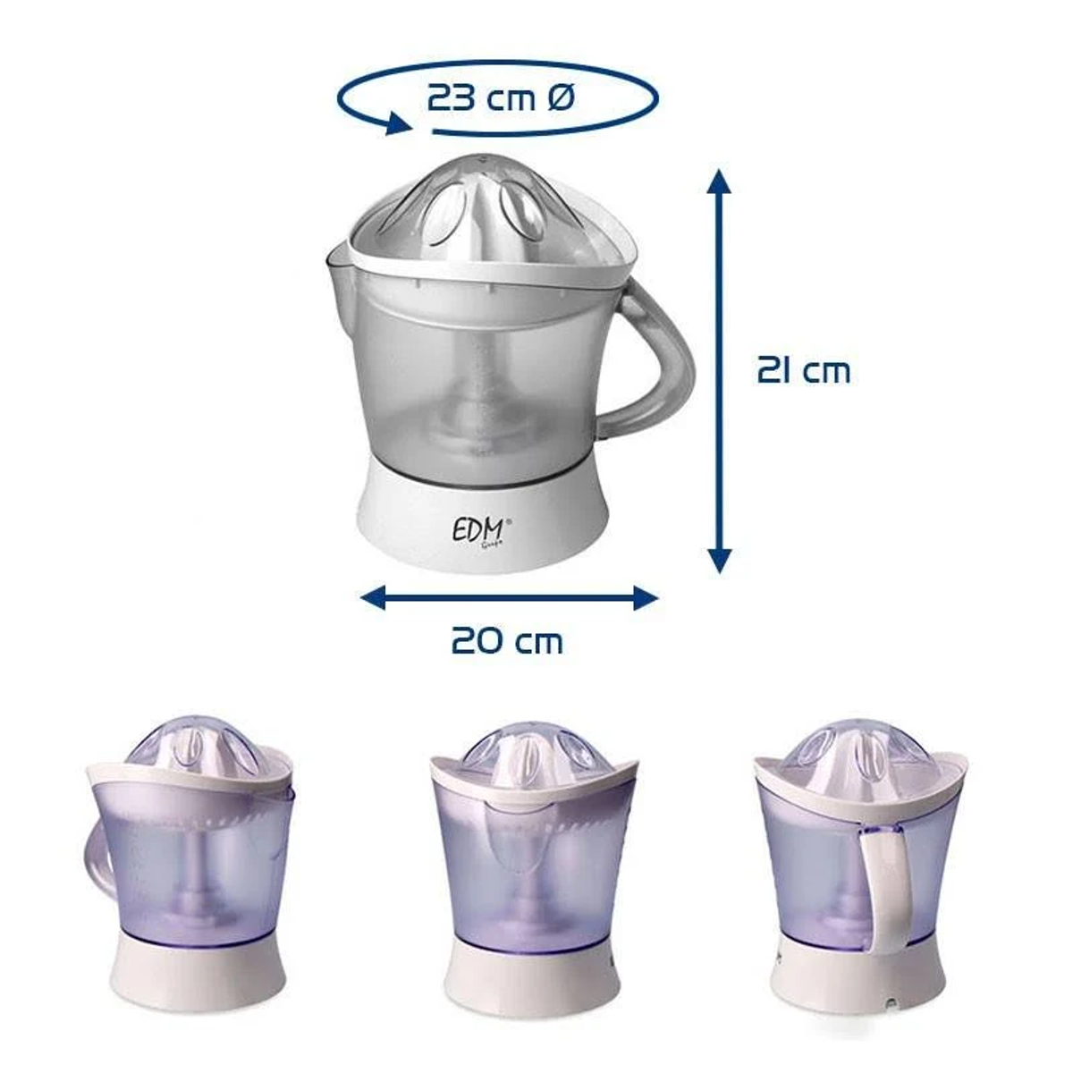 Tre spremiagrumi trasparenti a base bianca, con misure: 23 cm, 21 cm e 20 cm.
