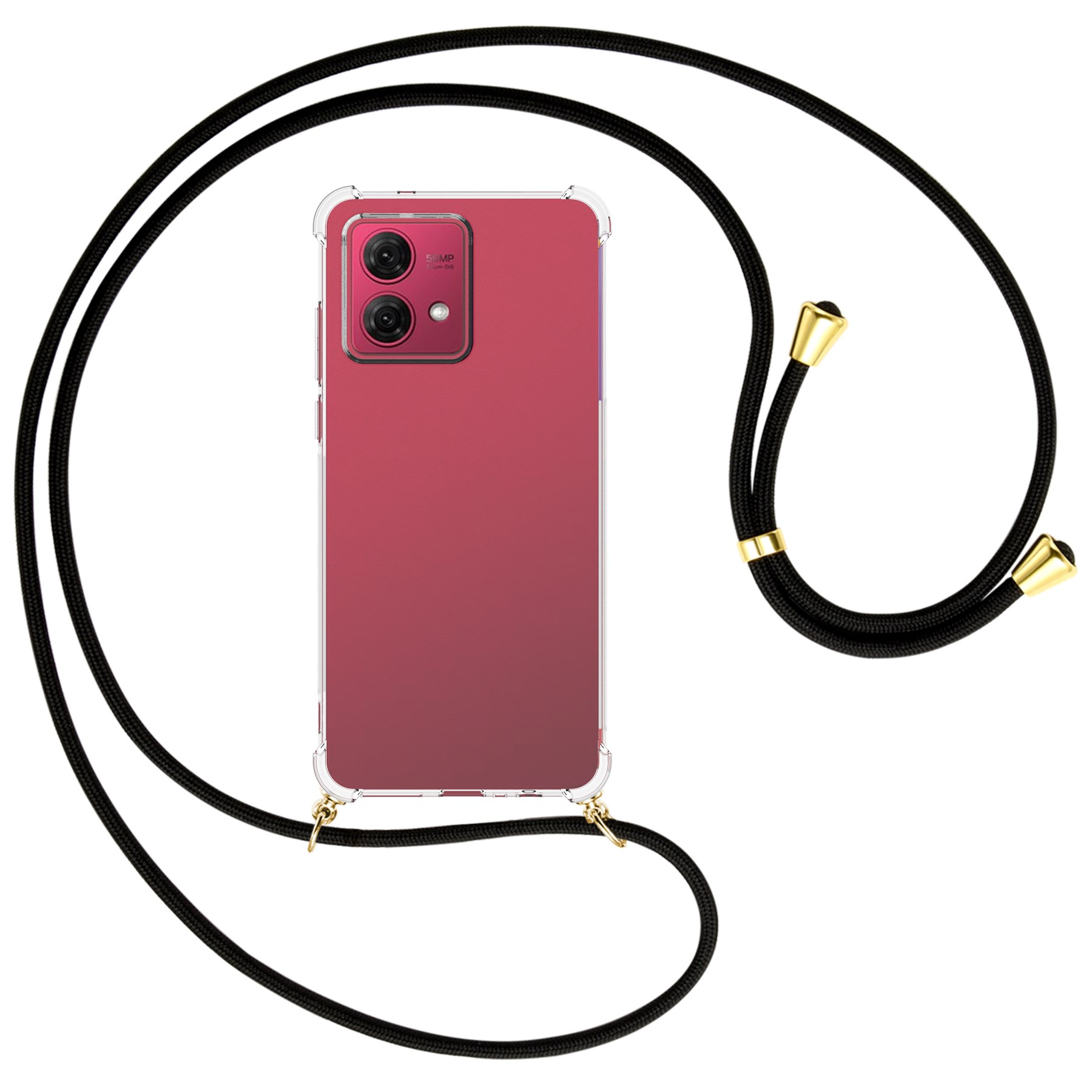 Ein Telefon mit rotem Farbverlauf auf der Rückseite und einem schwarzen Riemen. Der Riemen hat goldfarbene Details.