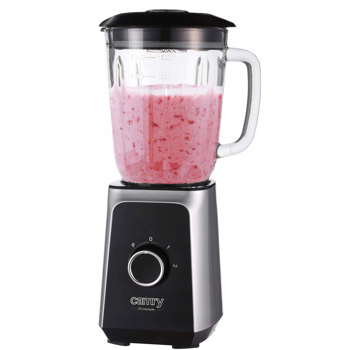 Blender z różowym smoothie w szklanym słoiku, na czarno-srebrnej podstawie.