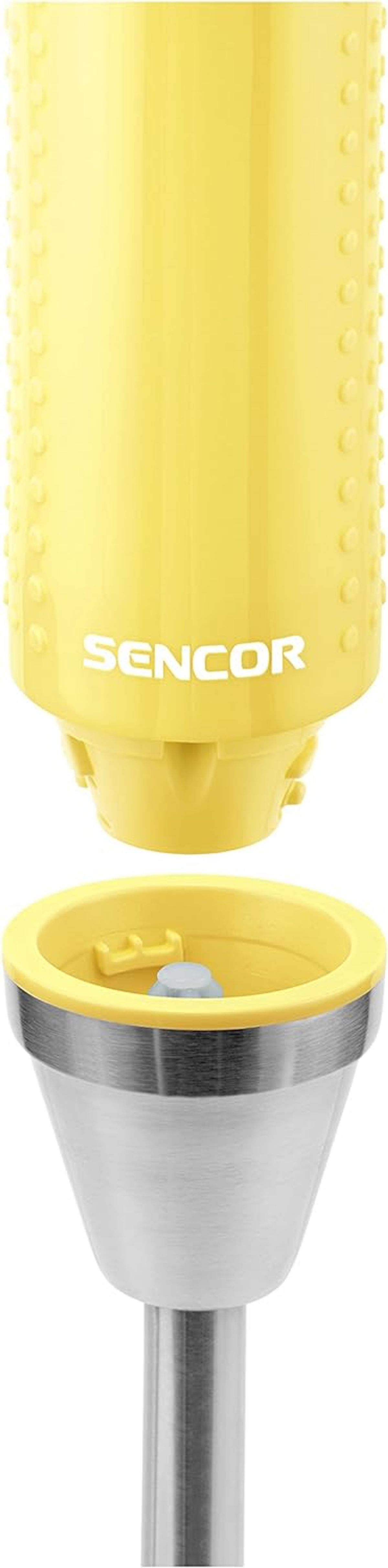 Un frullatore a immersione giallo e argento, con il logo 'SENCOR'.