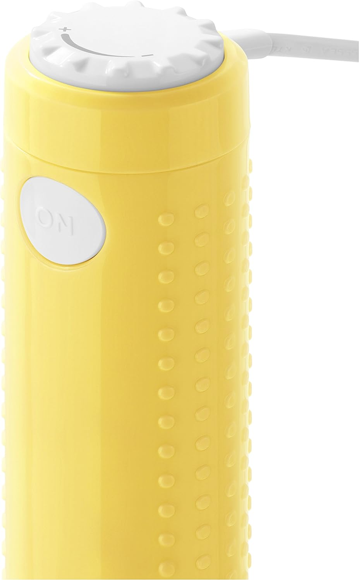 Frullatore a immersione giallo con pulsante on. Parte superiore bianca con controllo velocità e cavo bianco.