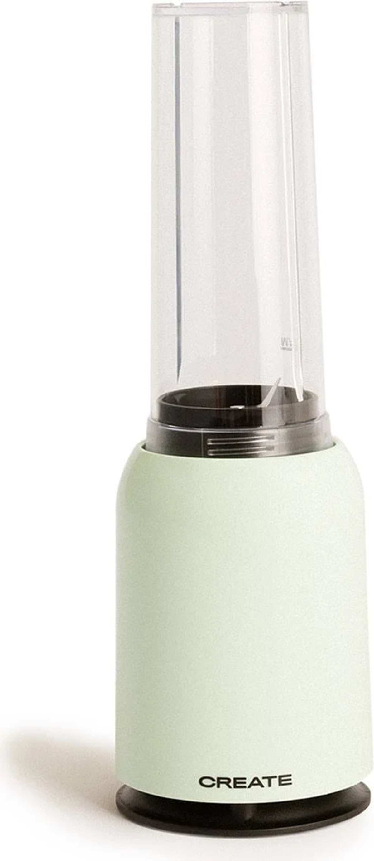 Una licuadora verde claro con un recipiente transparente. Tiene un diseño simple y moderno.