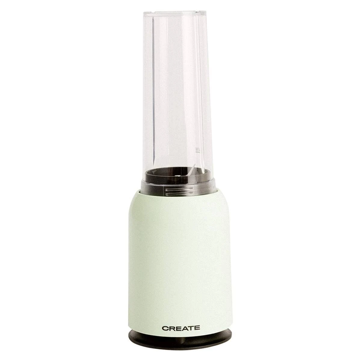 Una licuadora verde y blanca con una taza clara y alta sobre fondo blanco. CREATE escrito.