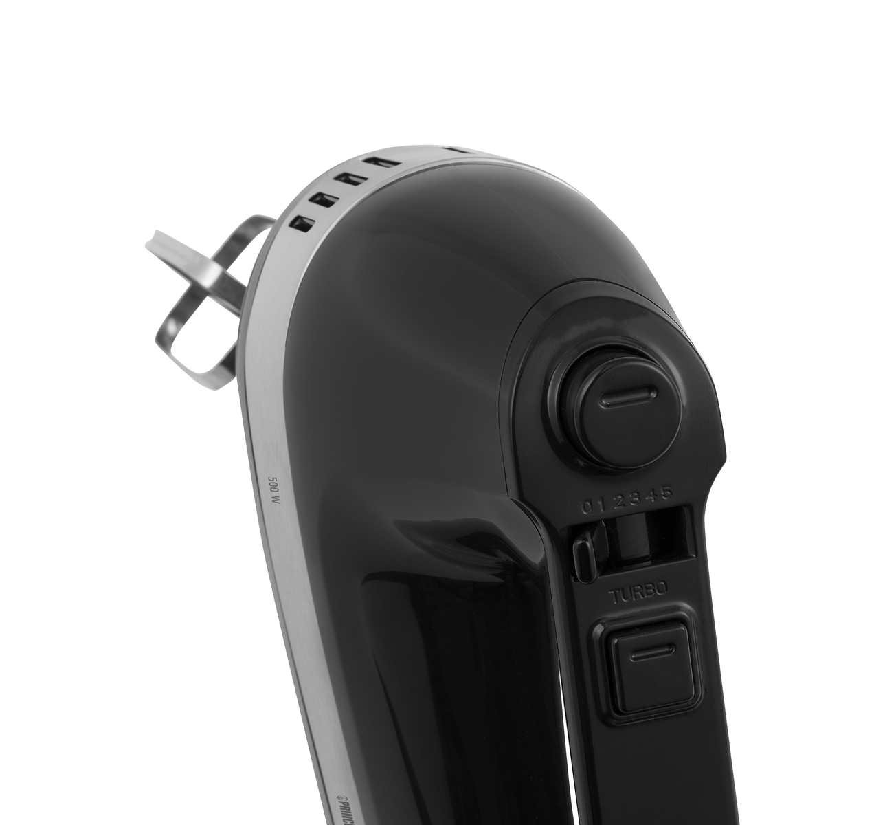 Close up of a black hand mixer. It has speed settings and a turbo button. The mixer is white background.