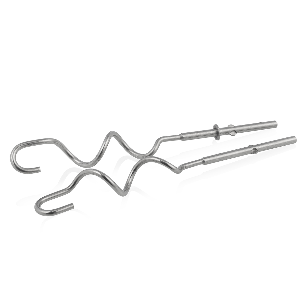 Two silver mixer attachments on white background. They have curved and straight parts.