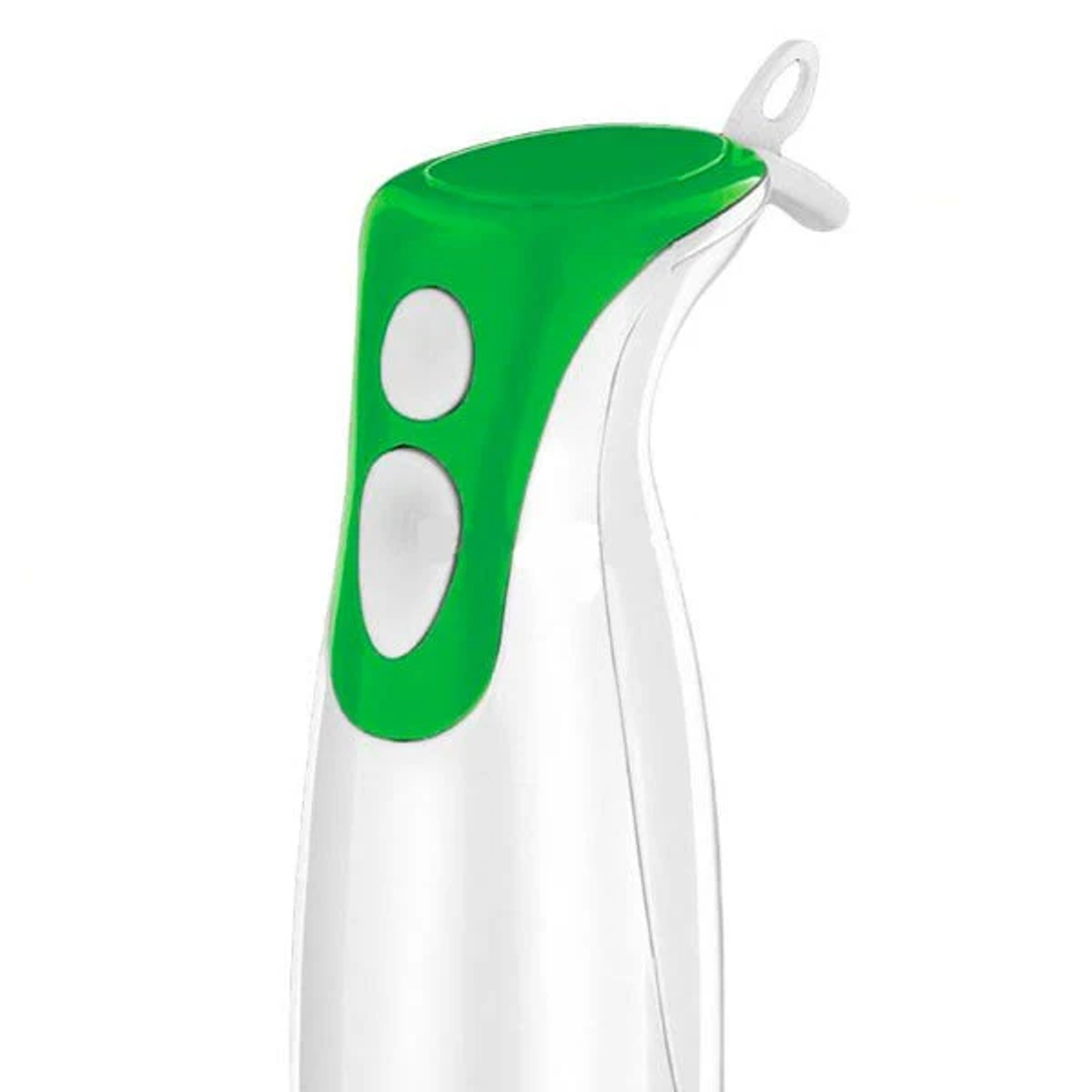 Una batidora de inmersión manual, blanca y verde con dos botones, sobre fondo blanco.