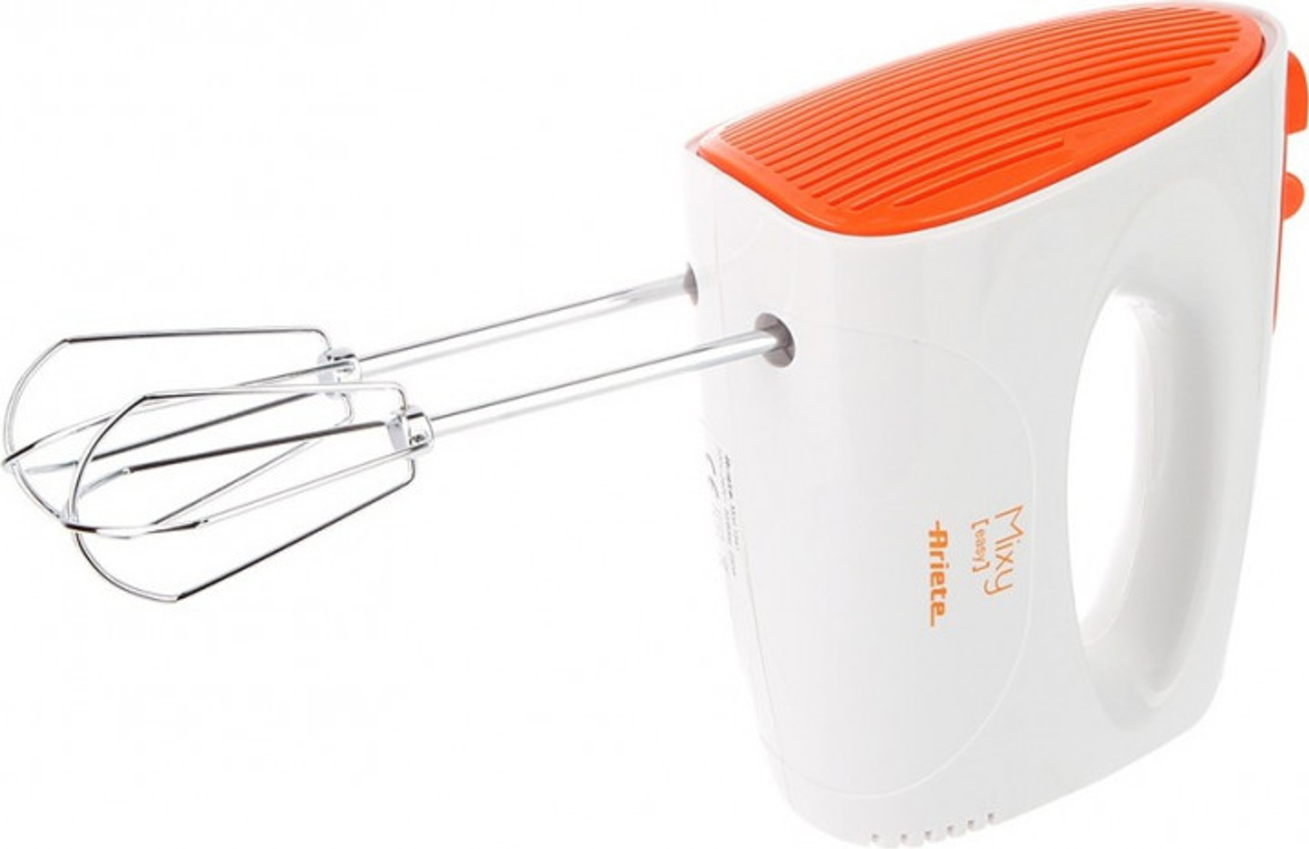 Weißer und orangefarbener Handmixer mit Schneebesen.