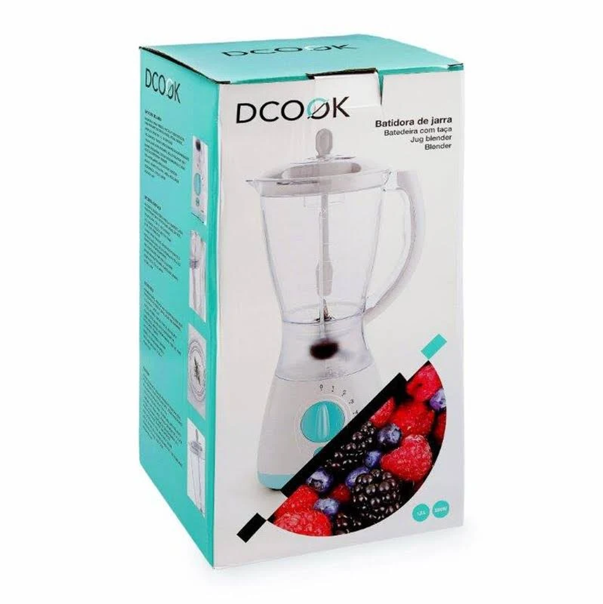 Una caja de licuadora DCOOK con una ilustración de licuadora y un fondo de frutas.