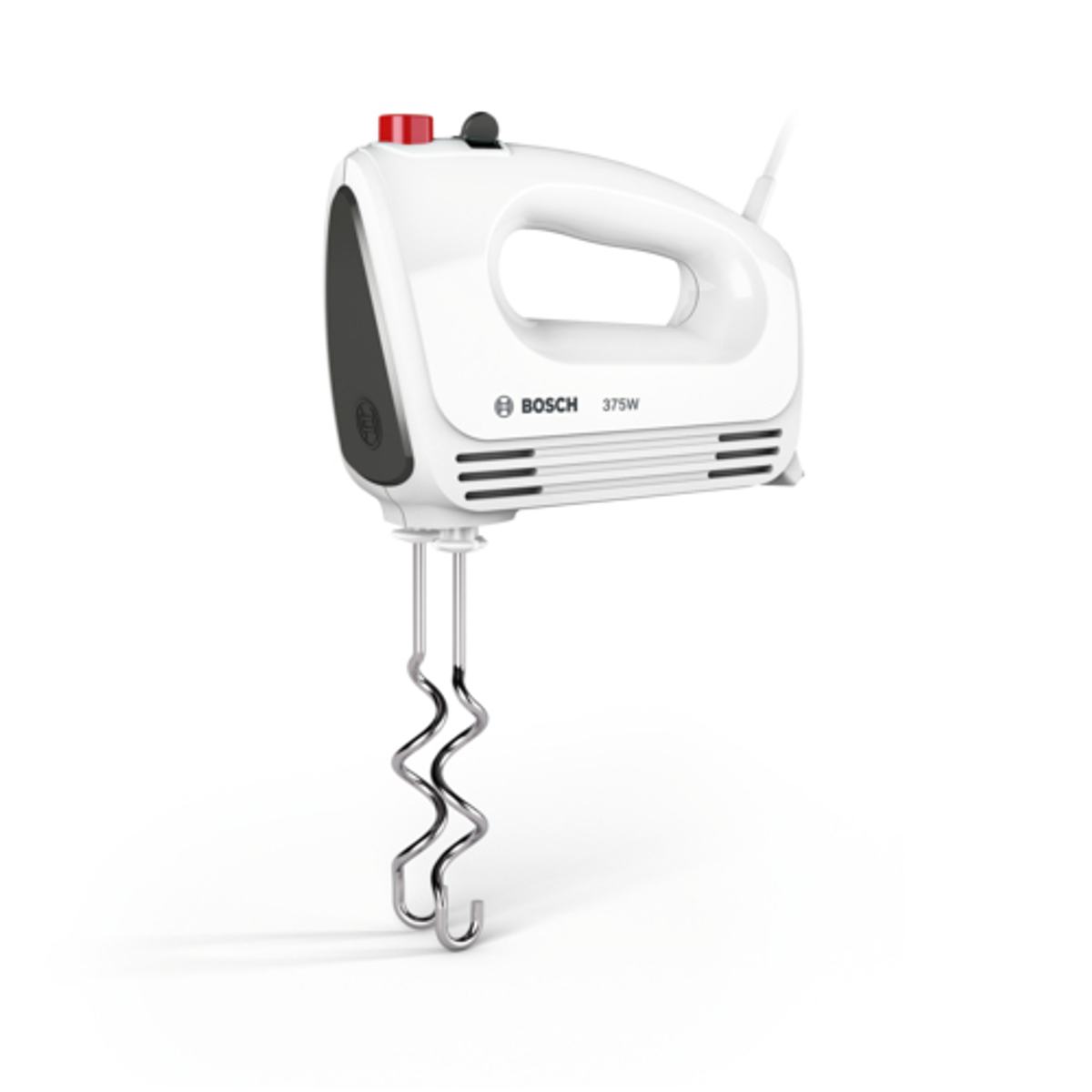Un frullatore a mano Bosch bianco con manico nero e pulsante rosso, con accessori.