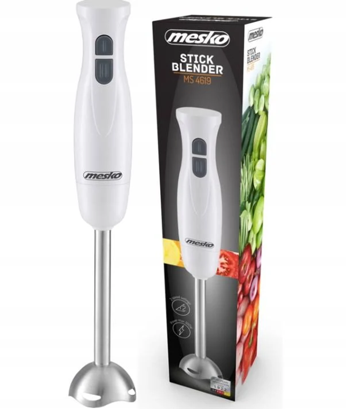 Biały blender ręczny ze srebrną podstawą i pudełkiem pokazującym produkt i warzywa.