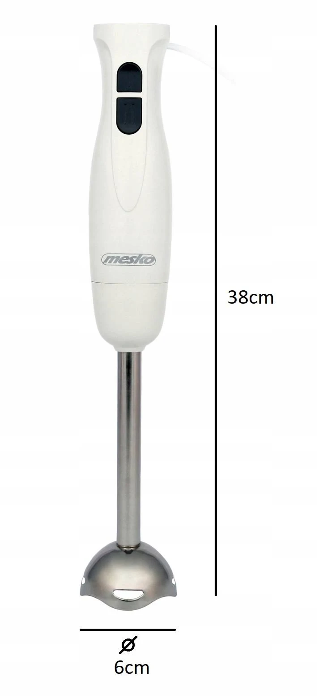 Biały i srebrny blender ręczny. Ma 38 cm wysokości, z podstawą o średnicy 6 cm. Marka 'mesko'.