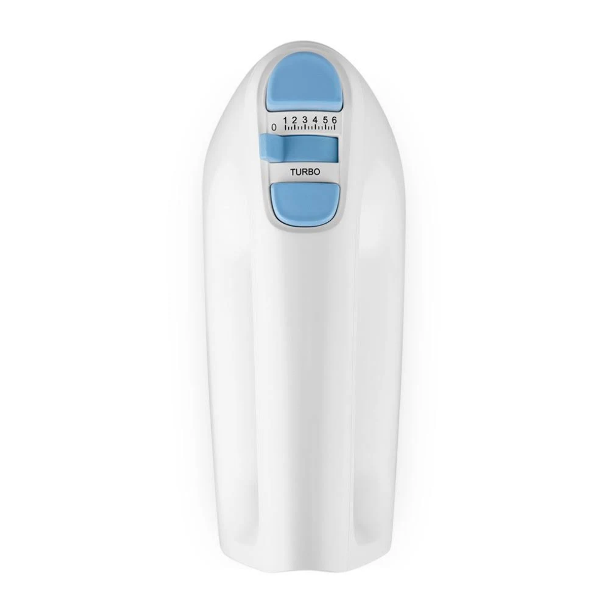 Batidora de mano blanca con controles azules e indicador de ajuste de velocidad.