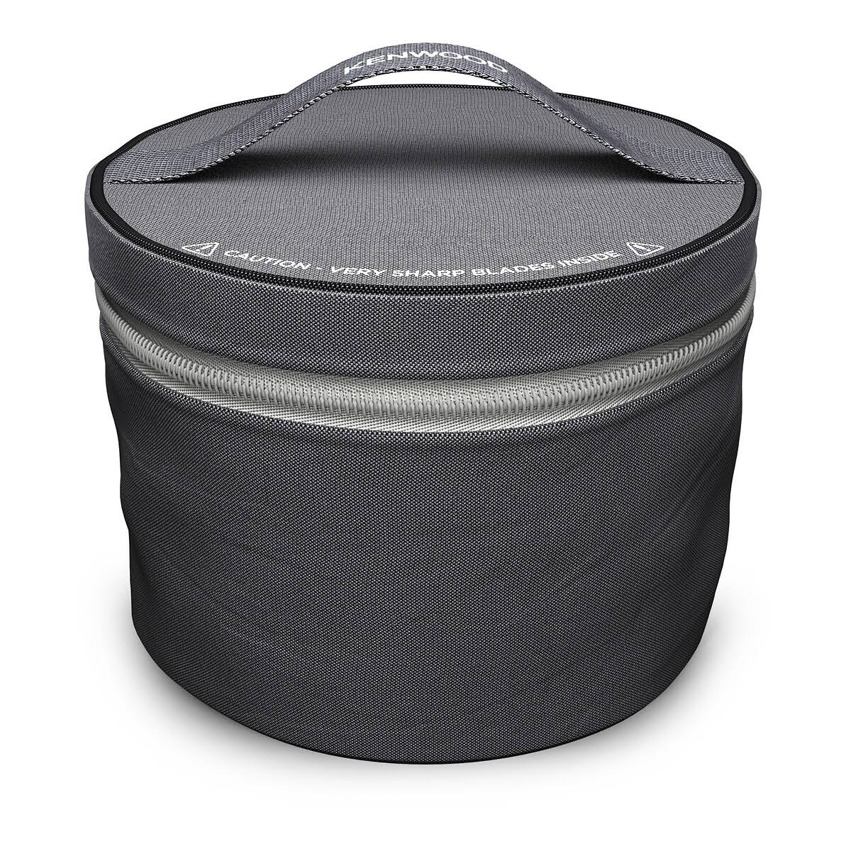 Una bolsa de almacenamiento de licuadora Kenwood gris, forma cilíndrica, con asa y cierre de cremallera.