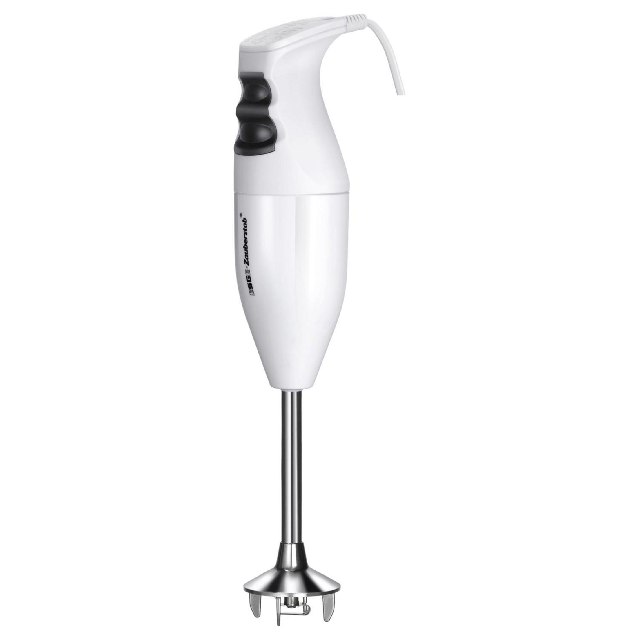Biały blender ręczny z czarnymi przyciskami. Ma srebrny koniec do mieszania. Marka 'SB-Zauberstab'.