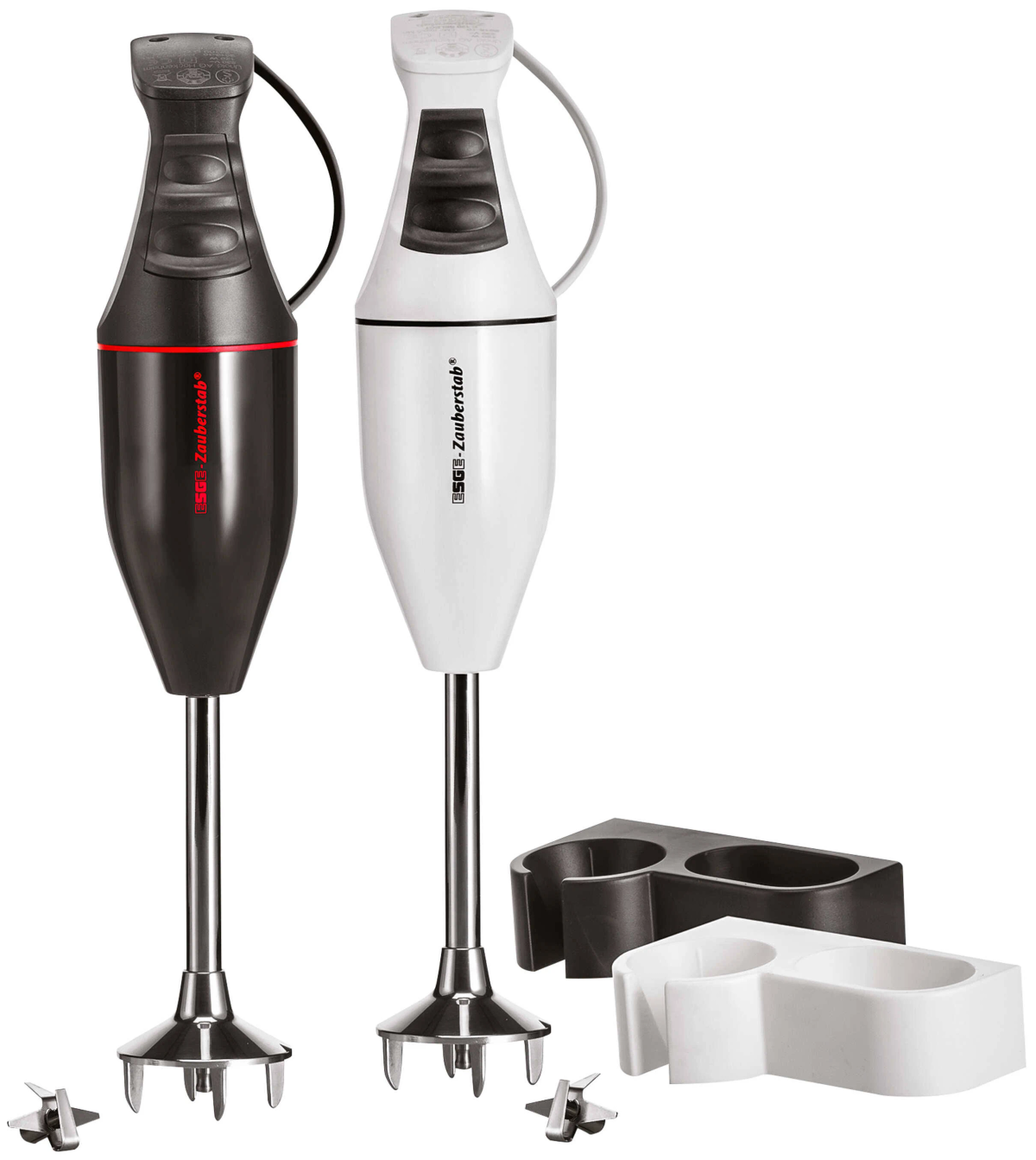 Dwa blendery ręczne, jeden czarny i jeden biały, z ostrzami i stojakiem.