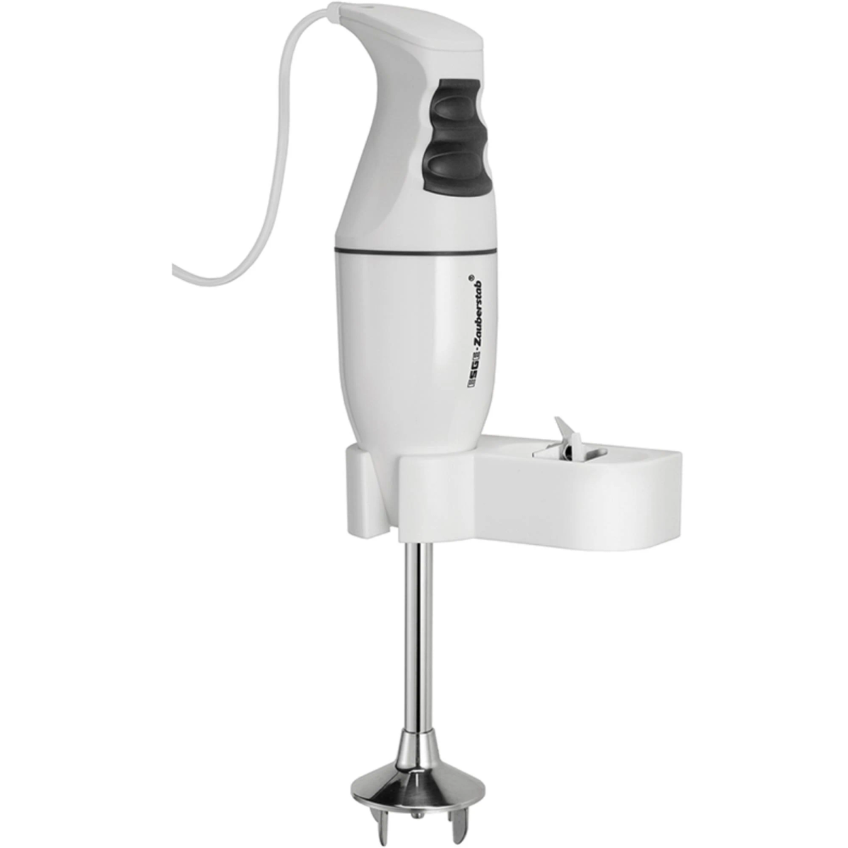 Biały blender ręczny z czarnym przyciskiem i nasadką ostrza.